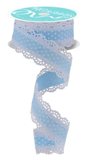 1.5"x10yd Raised Swiss Dots On Royal Burlap w/Lace, Pale Blue/White  AP22