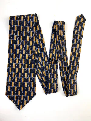 90s Deadstock Silk Necktie, Men's Vintage Gold/ Blue Geometric Pattern Tie, NOS