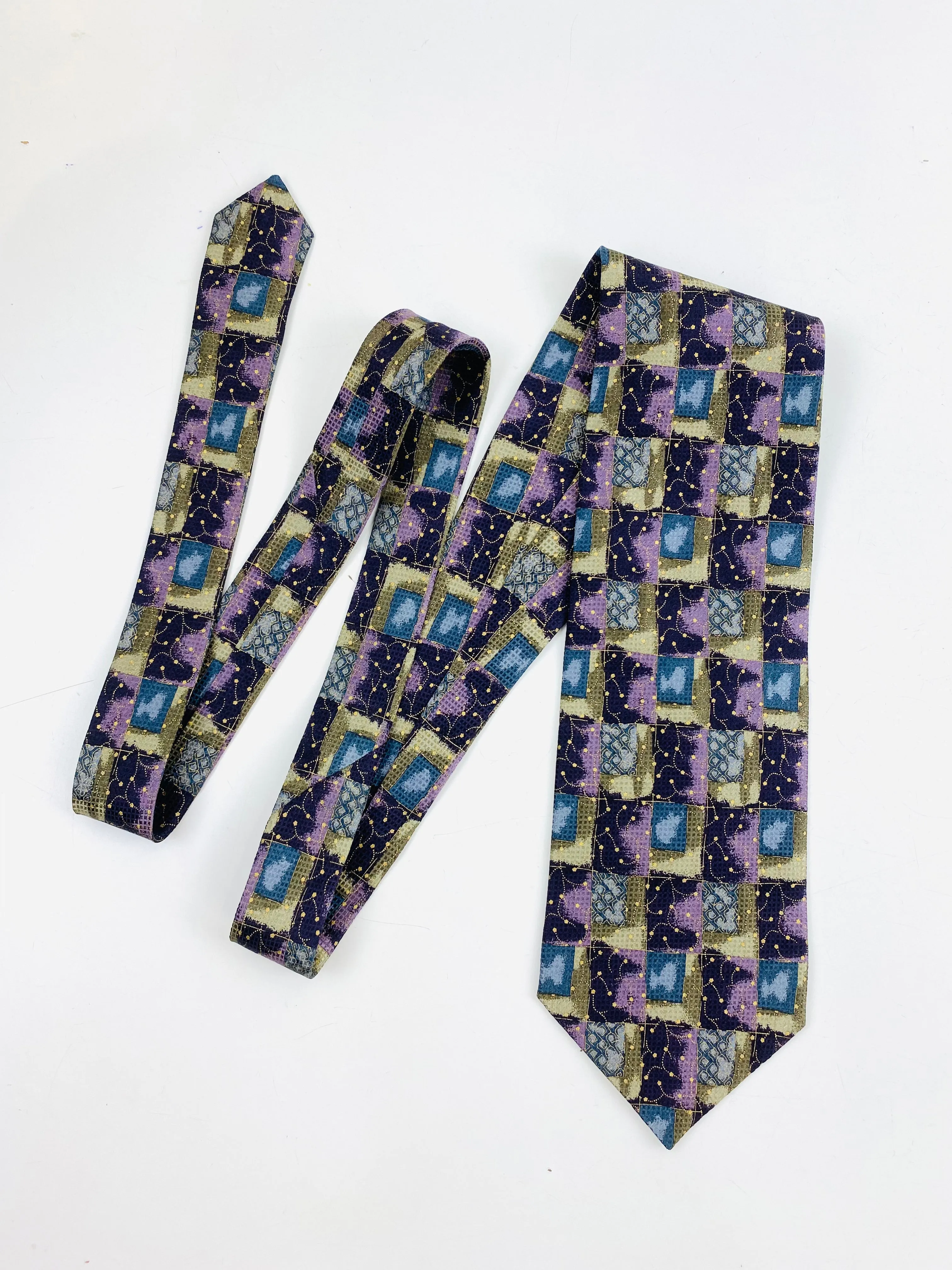 90s Deadstock Silk Necktie, Men's Vintage Purple/ Green/ Blue Abstract Check Pattern Tie, NOS