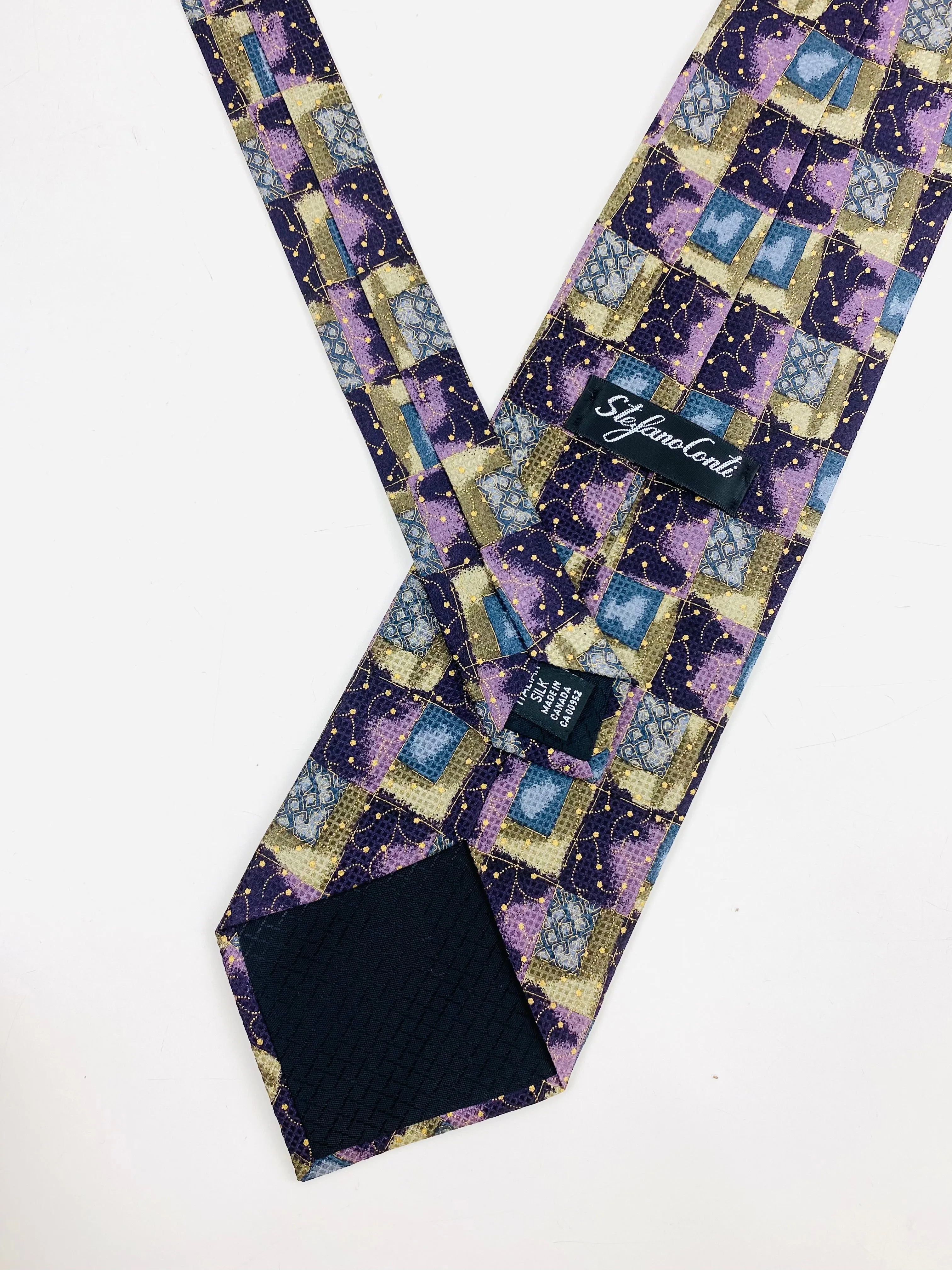 90s Deadstock Silk Necktie, Men's Vintage Purple/ Green/ Blue Abstract Check Pattern Tie, NOS