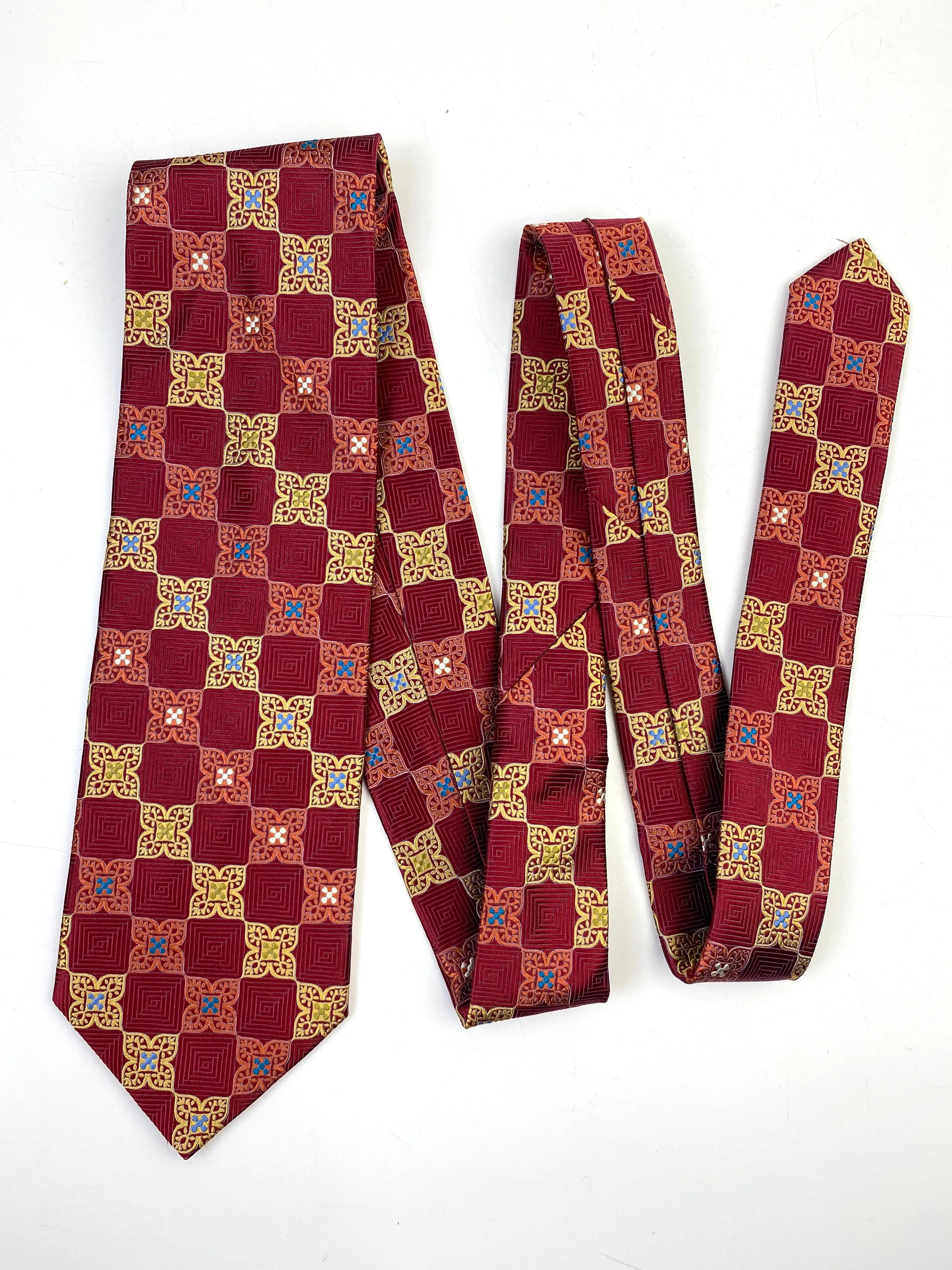 90s Deadstock Silk Necktie, Men's Vintage Wine/ Gold Moroccan Pattern Tie, NOS