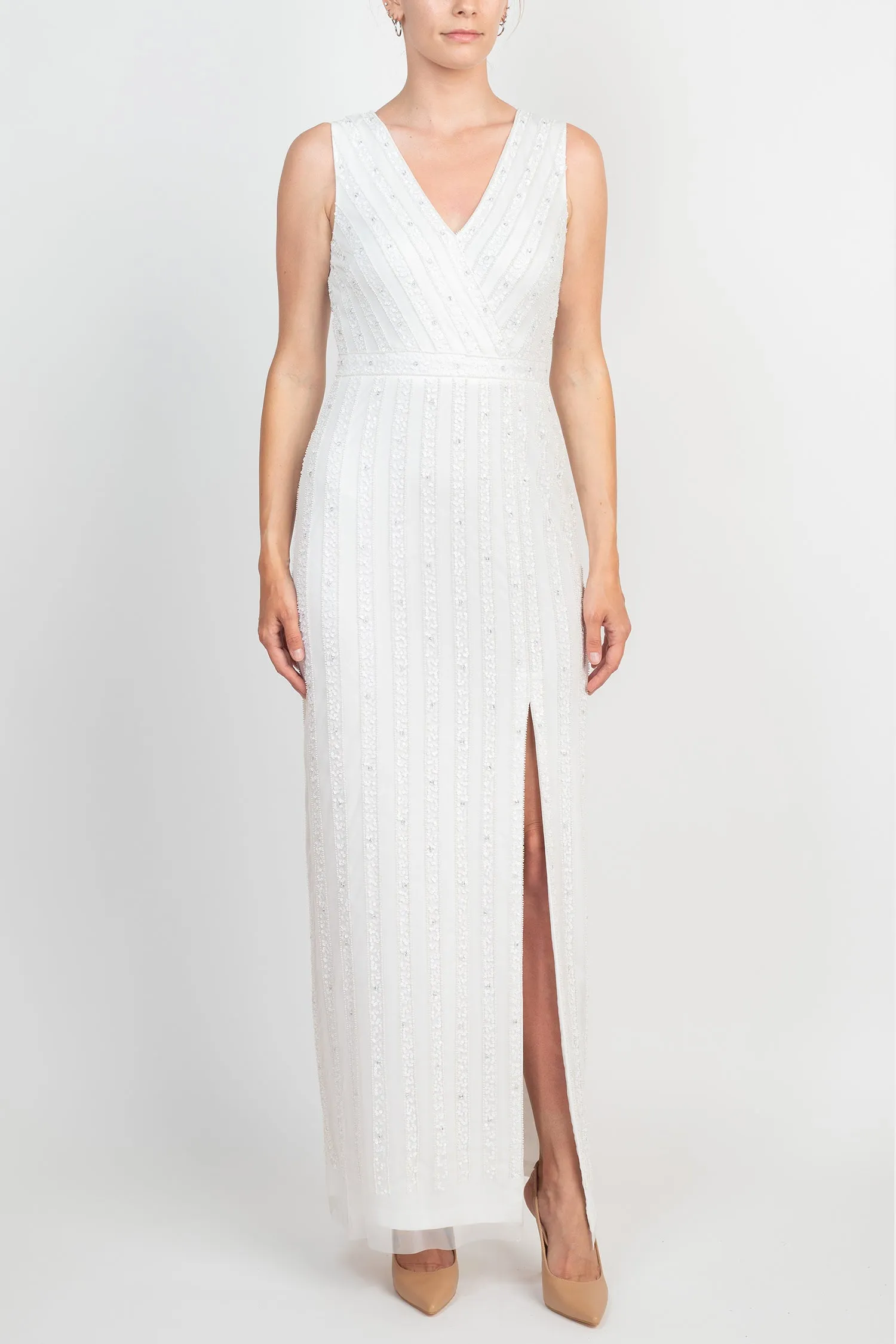 Adrianna Papell V-Neck Beaded & Sequined Sleeveless Banded Waist Slit Front Zipper Back Mesh Dress