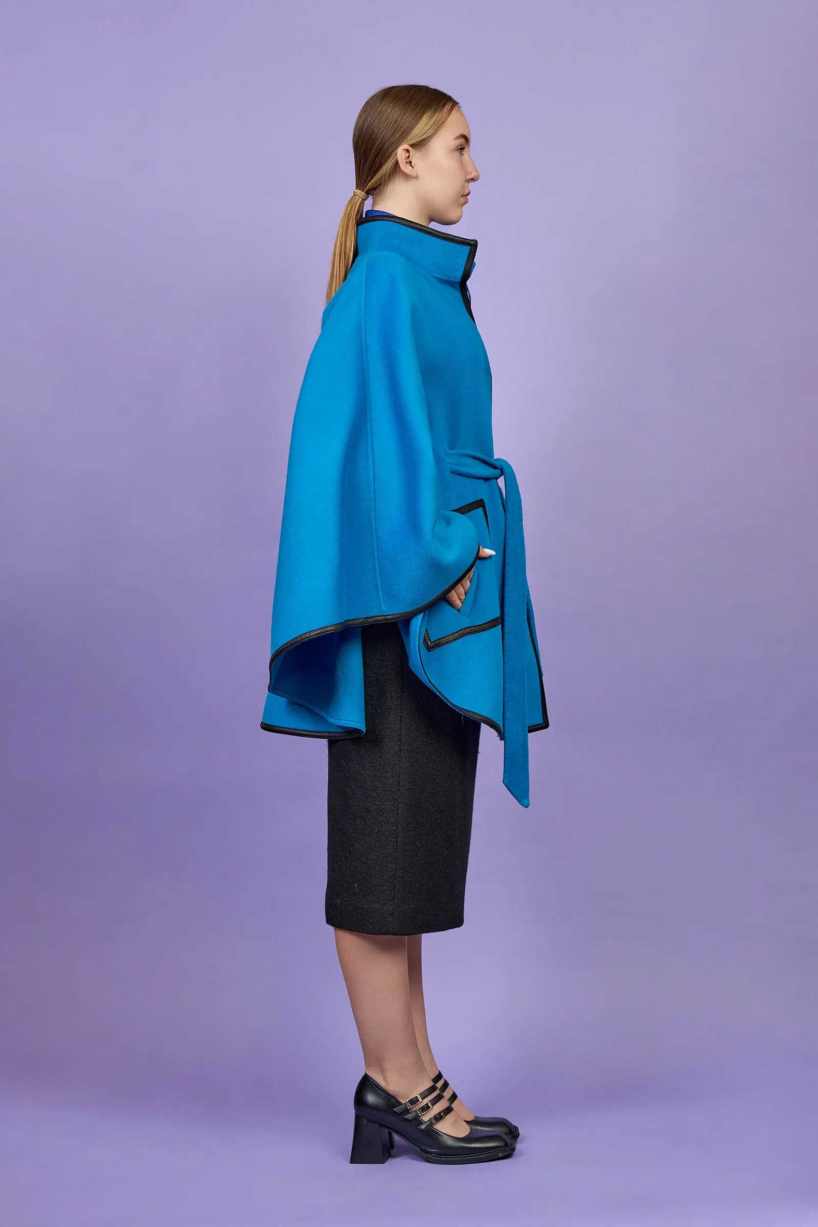 ALICE Blue Cape Coat in Virgin Wool Cashmere Black Leather Trim