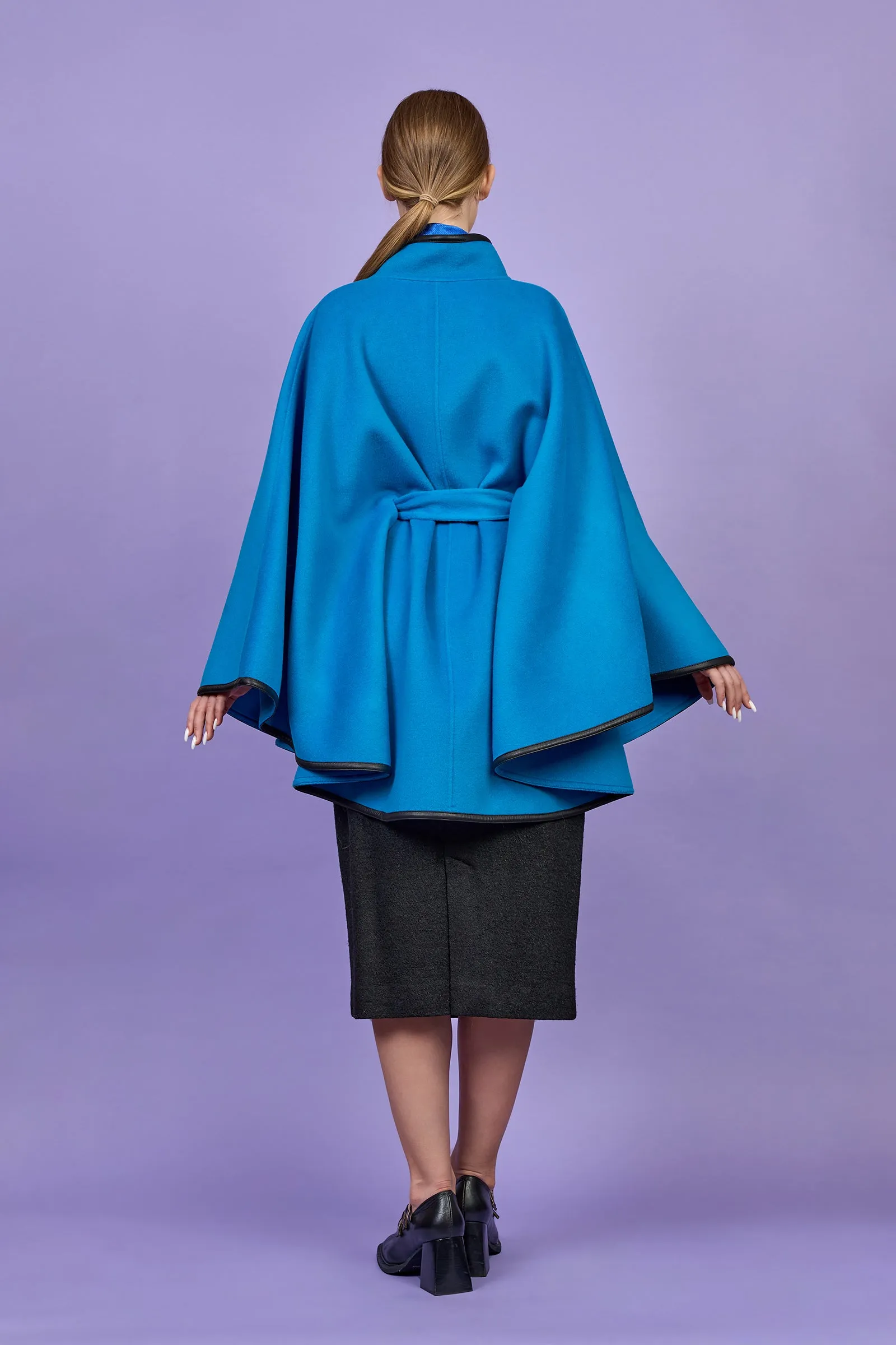 ALICE Blue Cape Coat in Virgin Wool Cashmere Black Leather Trim