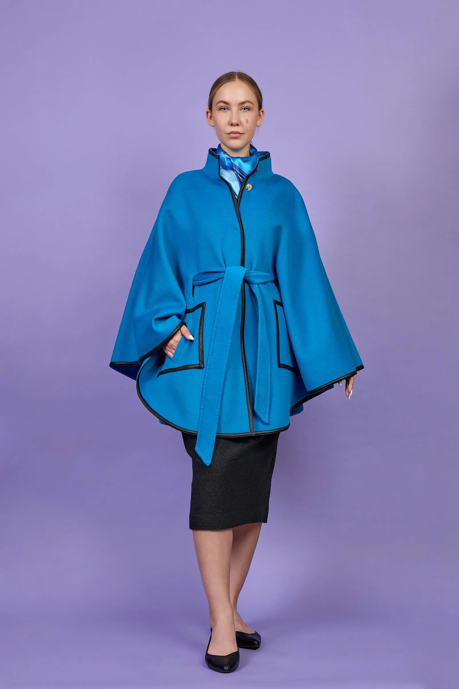 ALICE Blue Cape Coat in Virgin Wool Cashmere Black Leather Trim