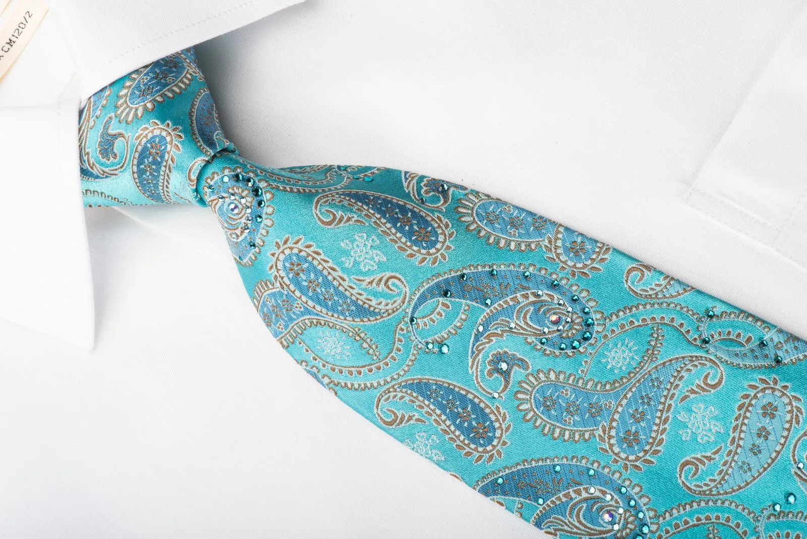 Anouazzi Homme Silk Necktie Paisley On Turquoise Blue Sparkling With Rhinestones