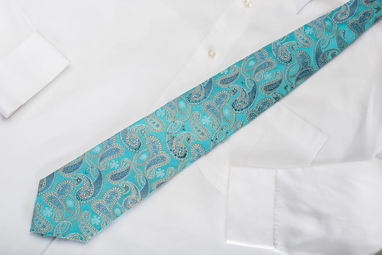 Anouazzi Homme Silk Necktie Paisley On Turquoise Blue Sparkling With Rhinestones