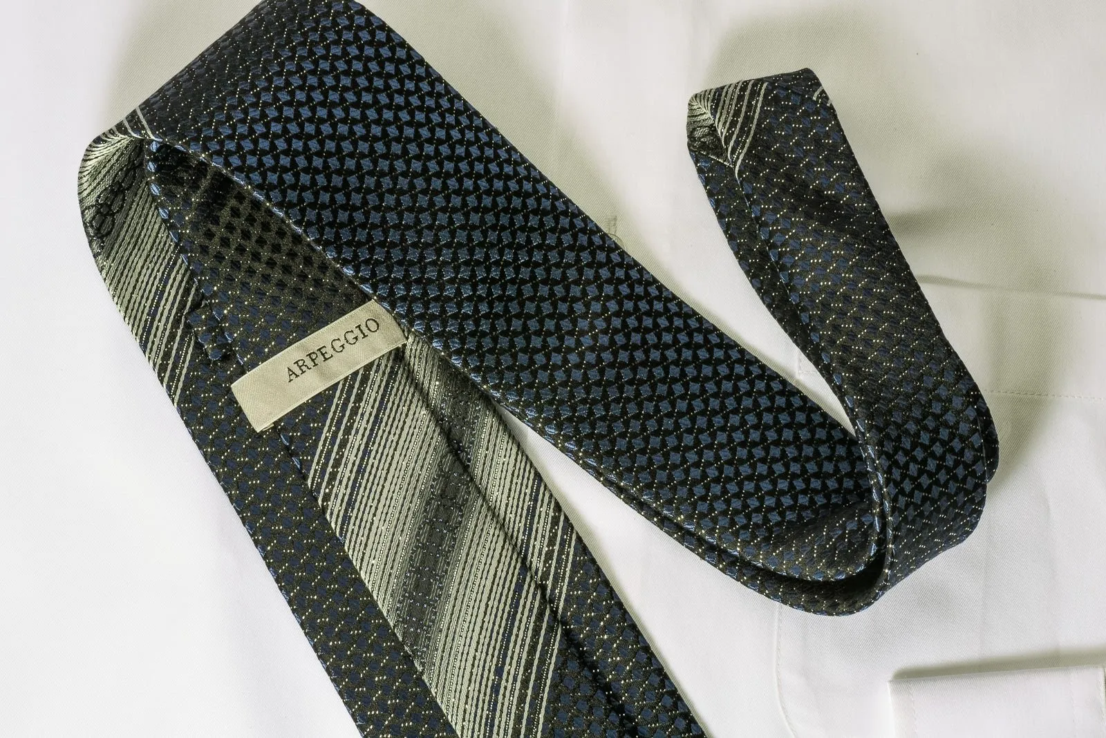 Arpeggio Silk Rhinestone Necktie Blue Geometric Squares & Silver Stripes On Black With Sparkles