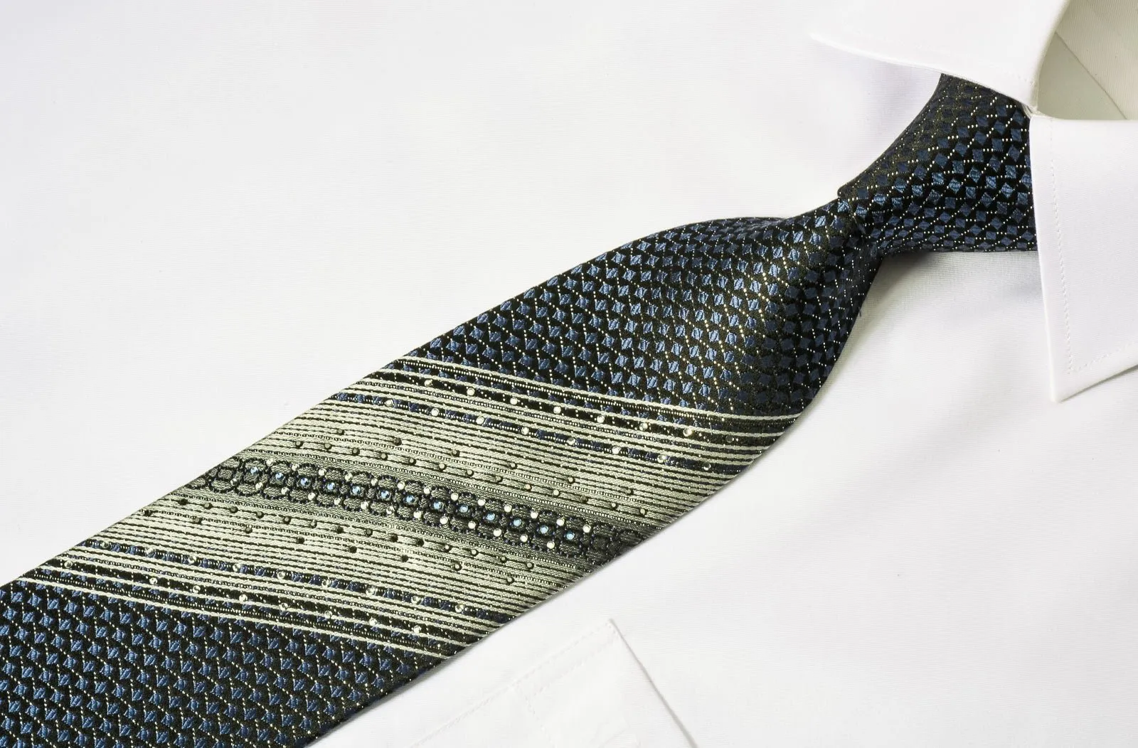 Arpeggio Silk Rhinestone Necktie Blue Geometric Squares & Silver Stripes On Black With Sparkles