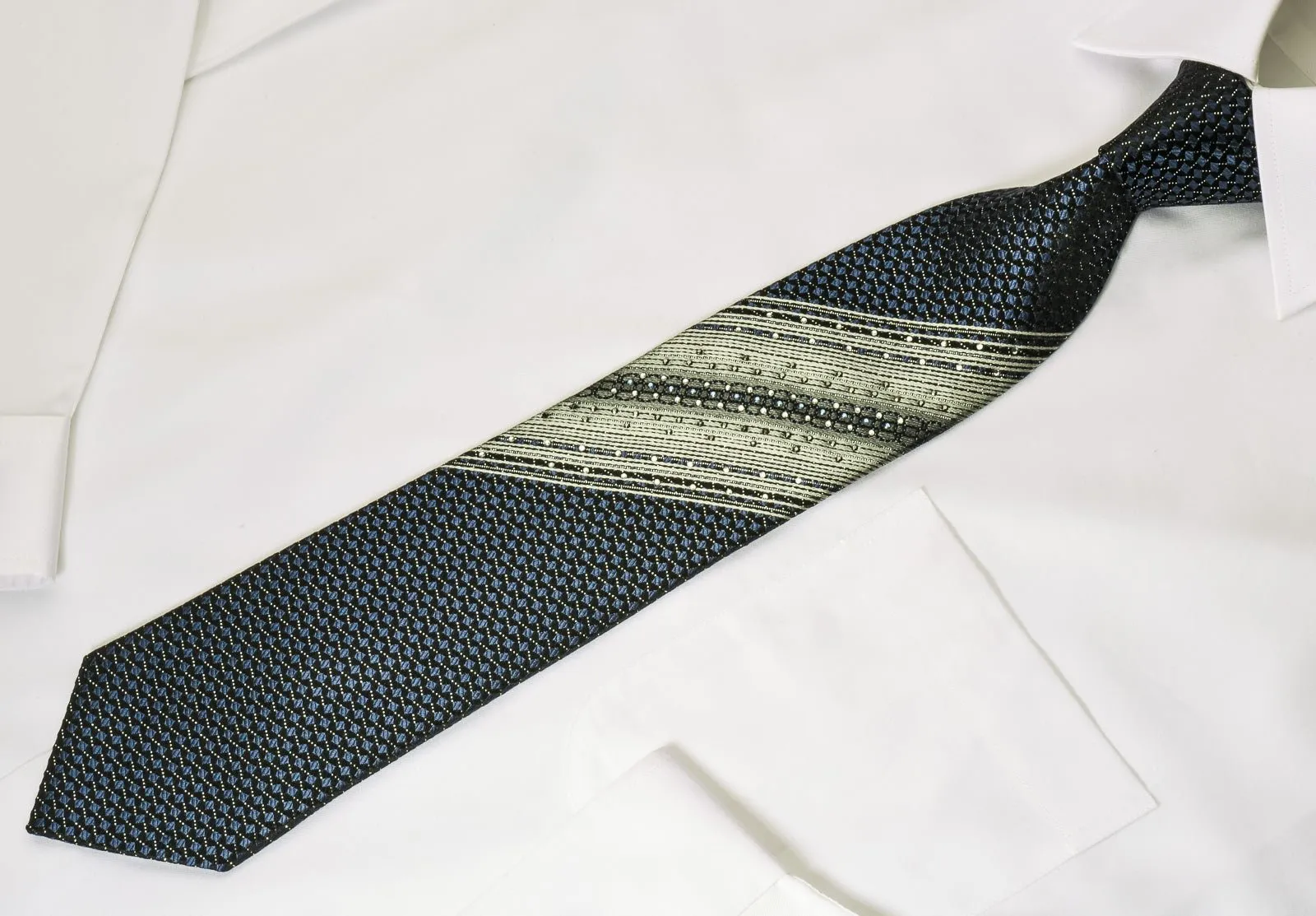 Arpeggio Silk Rhinestone Necktie Blue Geometric Squares & Silver Stripes On Black With Sparkles