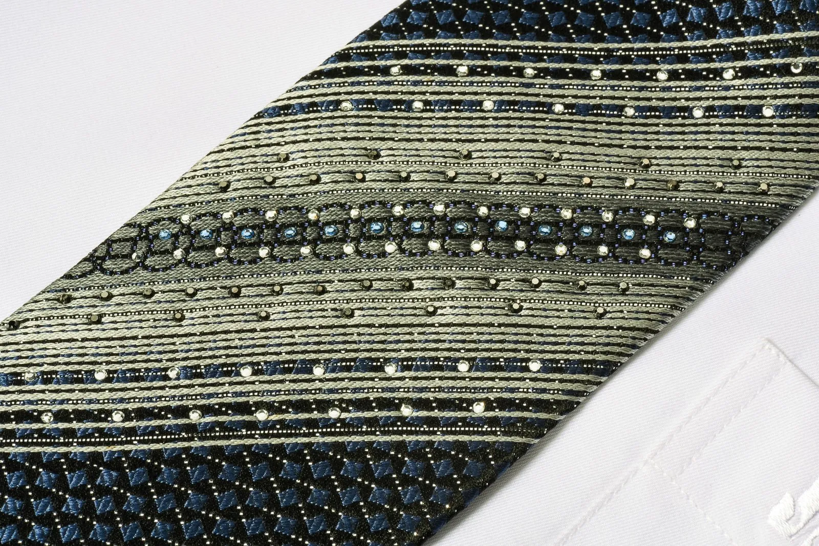 Arpeggio Silk Rhinestone Necktie Blue Geometric Squares & Silver Stripes On Black With Sparkles