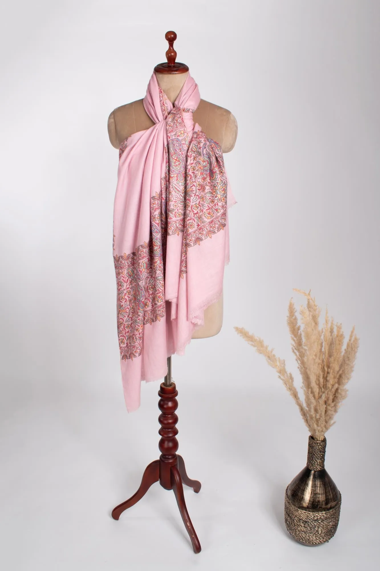 Baby Pink Papermachie Embroidered Pashmina - DAUSA