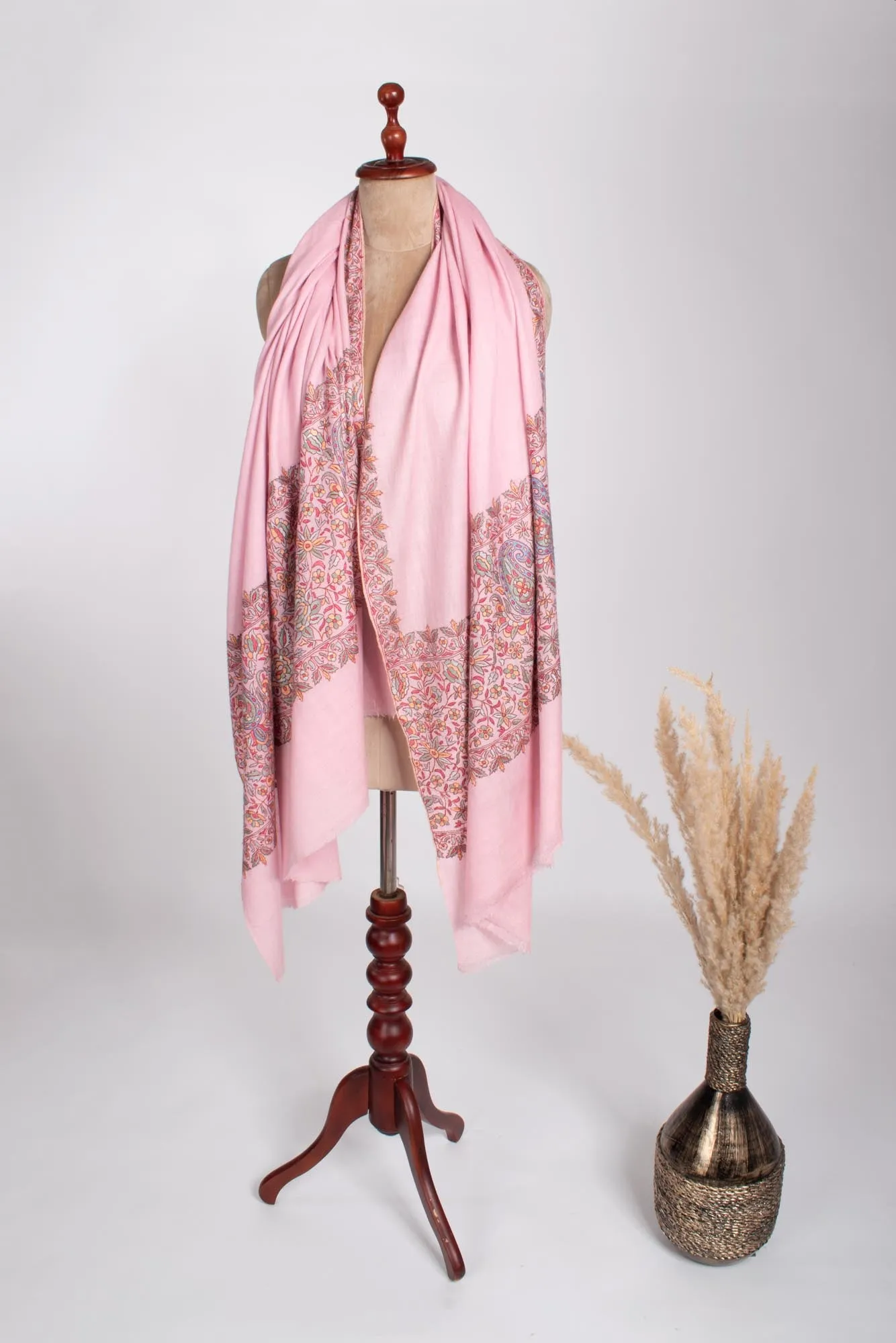 Baby Pink Papermachie Embroidered Pashmina - DAUSA