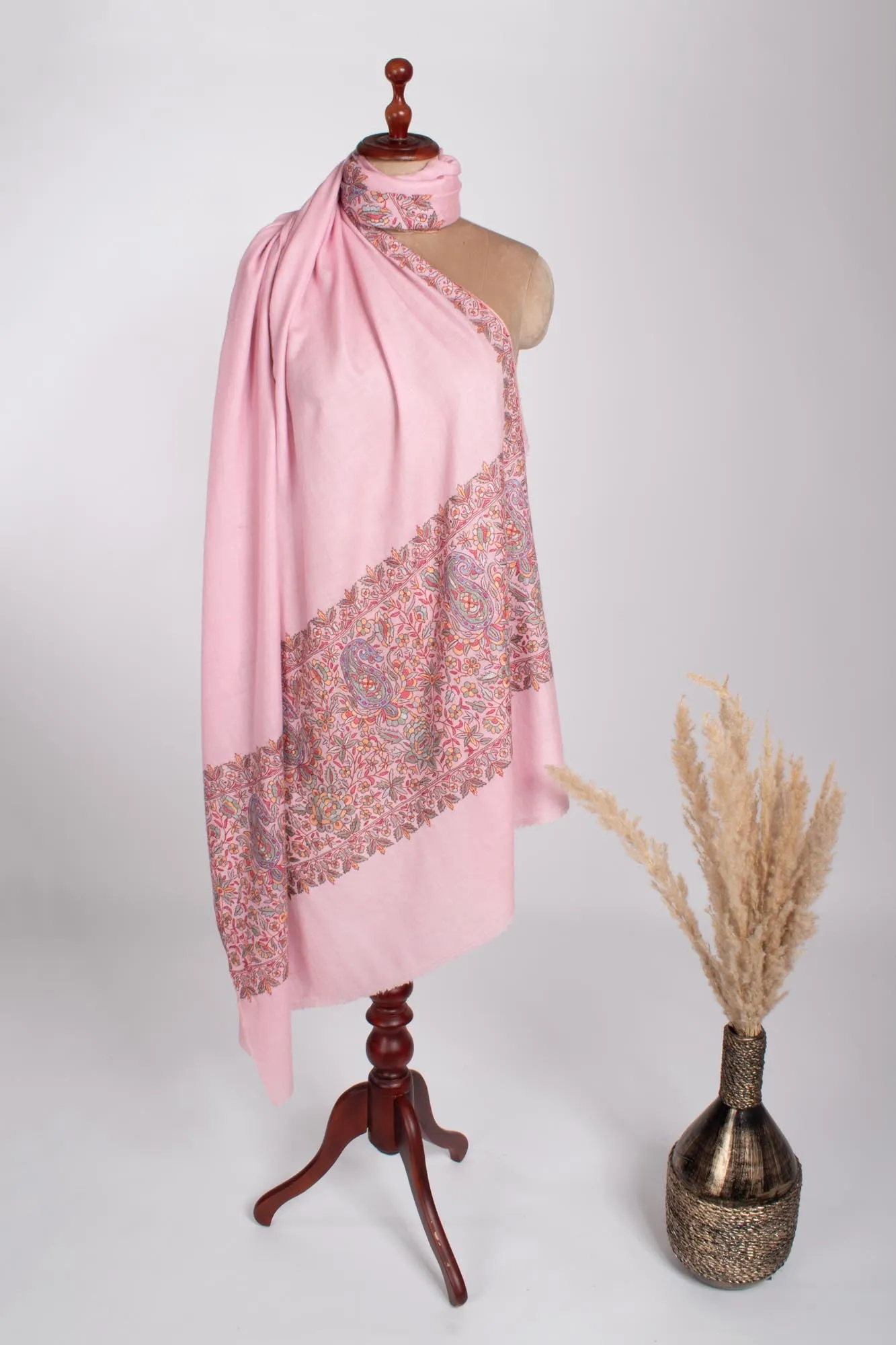 Baby Pink Papermachie Embroidered Pashmina - DAUSA