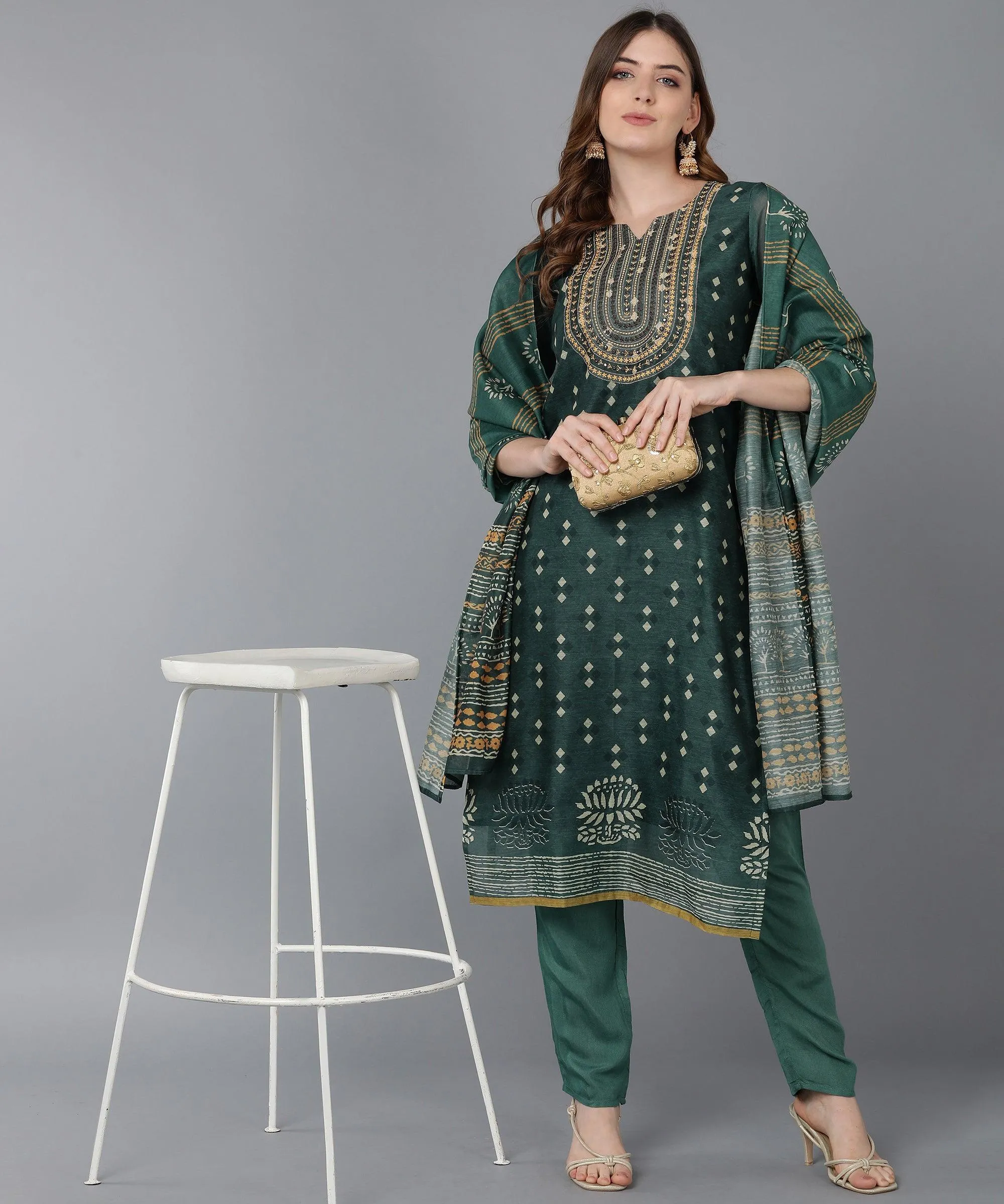 Bani Women Green Ethnic Motifs Chanderi Embroidery Kurta Set