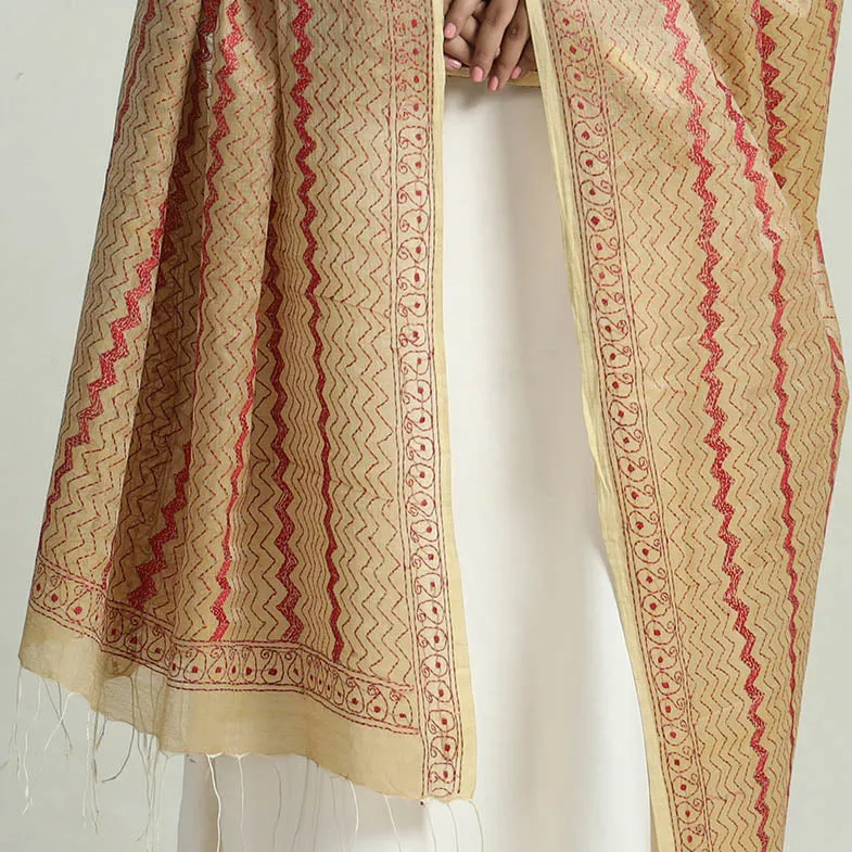 Beige - Bengal Kantha Embroidery Tussar Silk Cotton Handloom Dupatta with Tassels 23