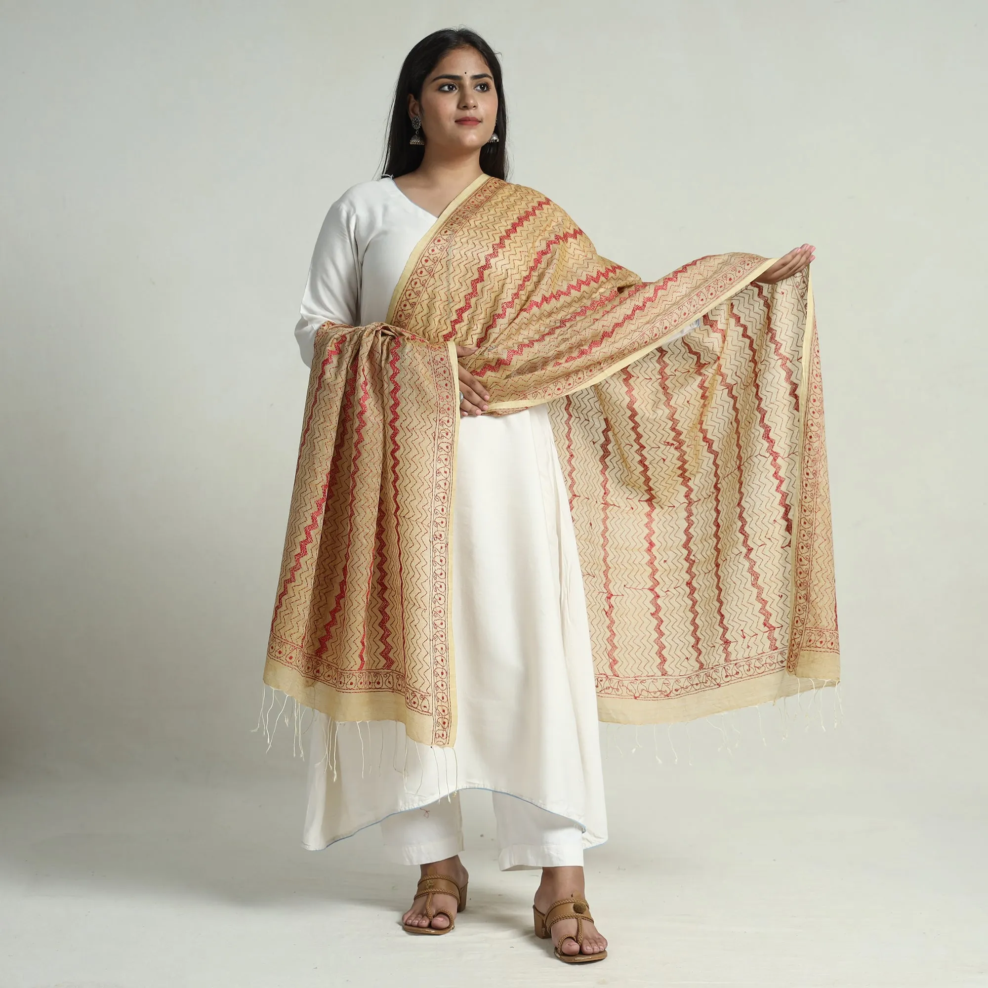 Beige - Bengal Kantha Embroidery Tussar Silk Cotton Handloom Dupatta with Tassels 23