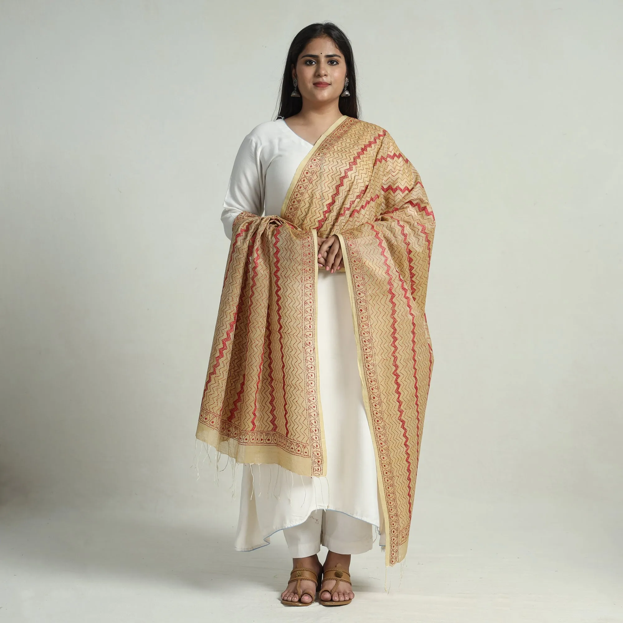 Beige - Bengal Kantha Embroidery Tussar Silk Cotton Handloom Dupatta with Tassels 23