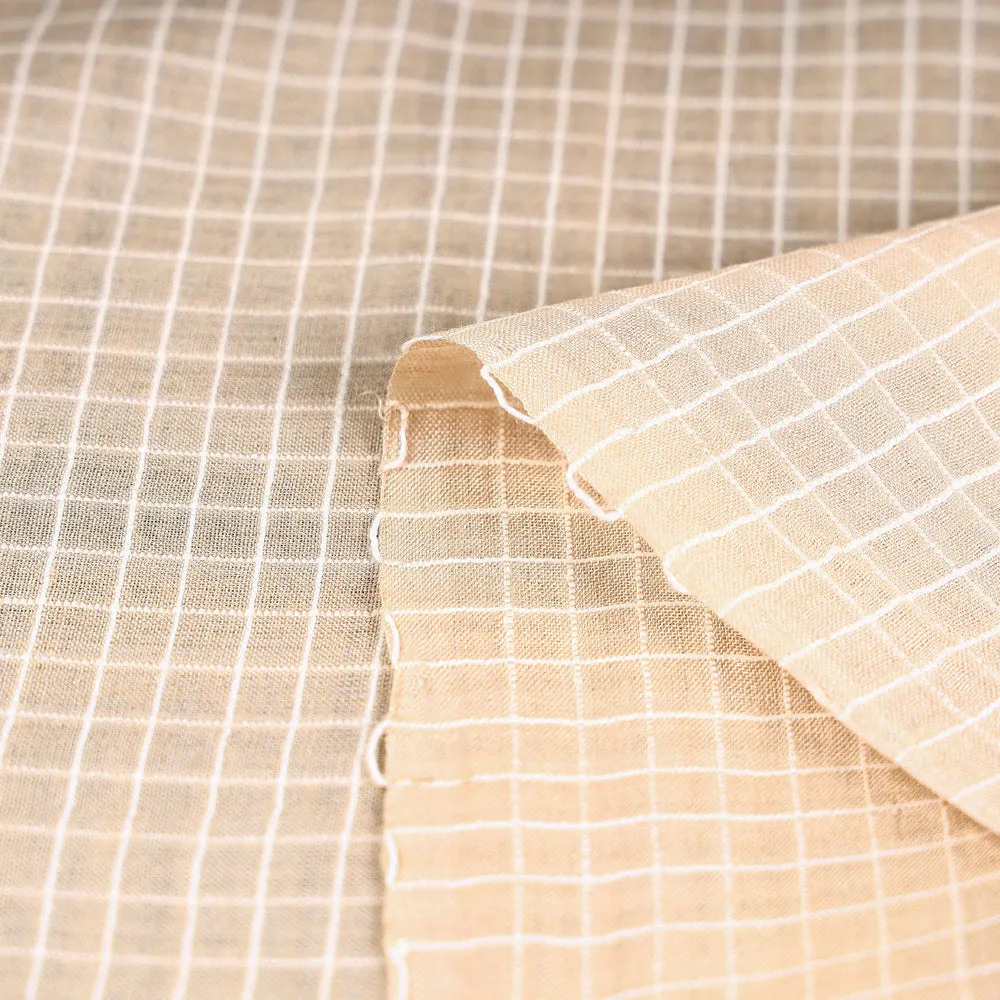 Beige Vidarbha Tussar Silk Checks Handloom Fabric