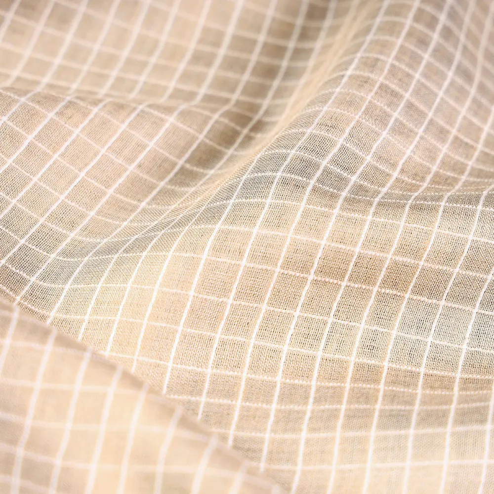 Beige Vidarbha Tussar Silk Checks Handloom Fabric