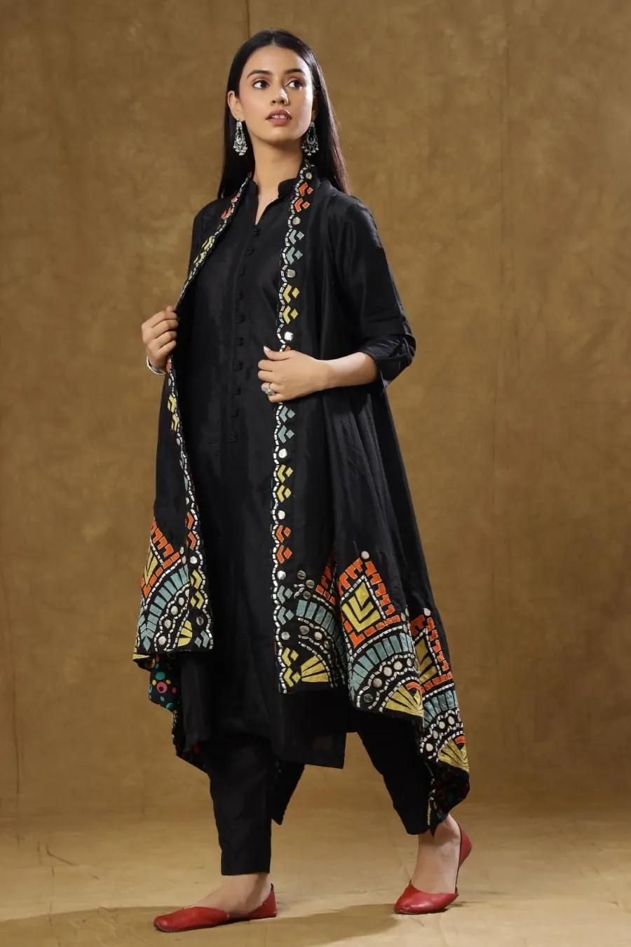 Black Dola Silk Kurta Pant And Jacket Set