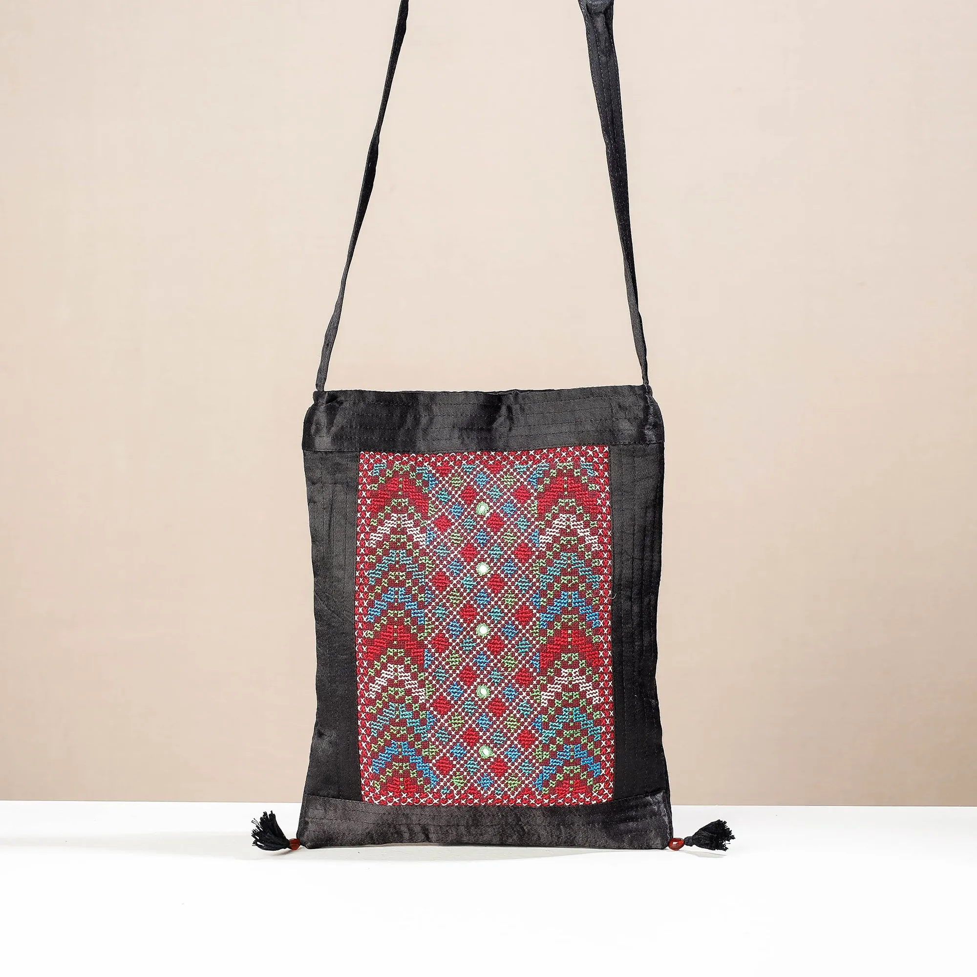 Black - Kutch Jat Hand Embroidery Mashru Silk Sling Bag