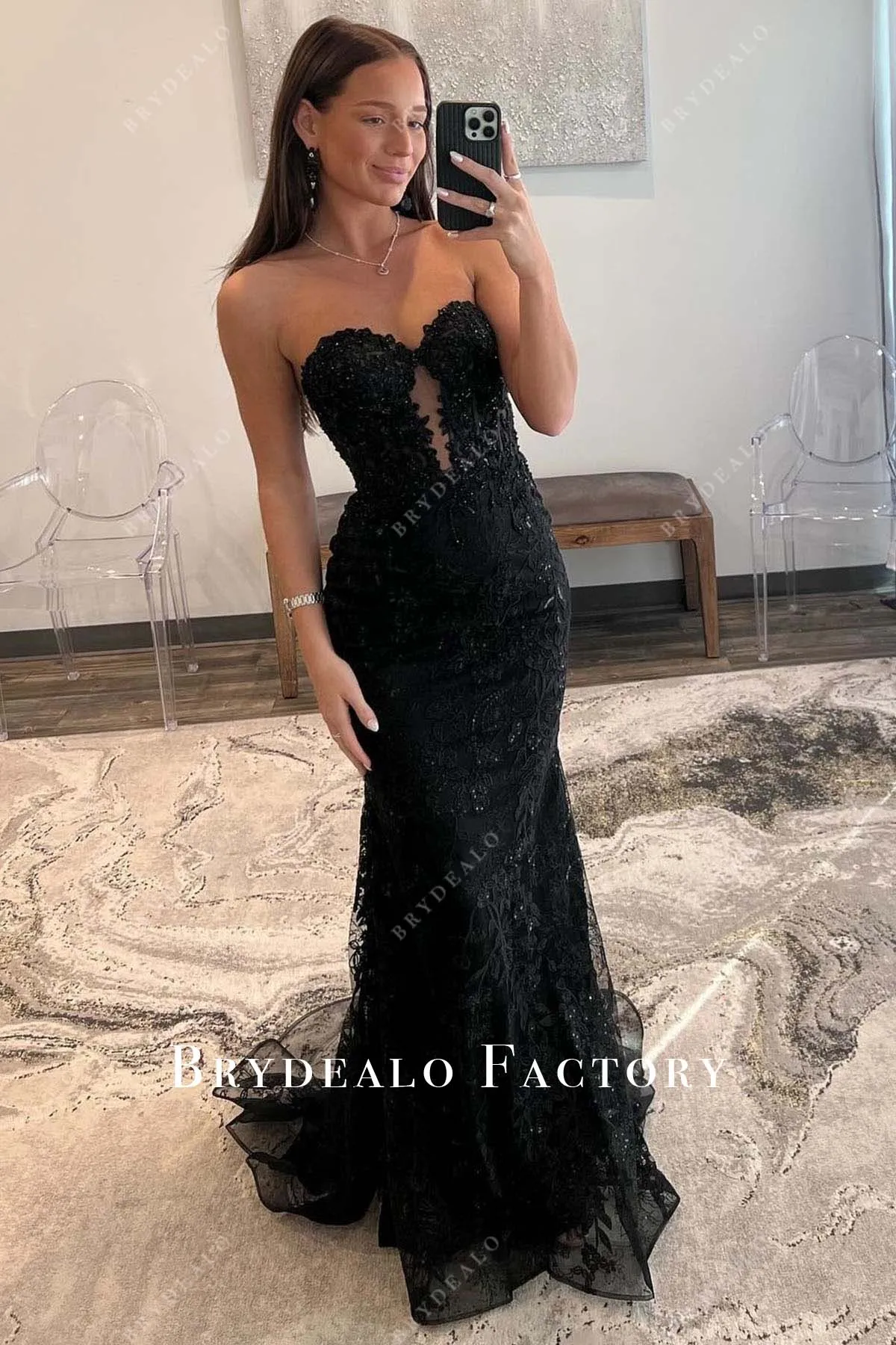 Black Lace Sequined Strapless Mermaid Prom Dress