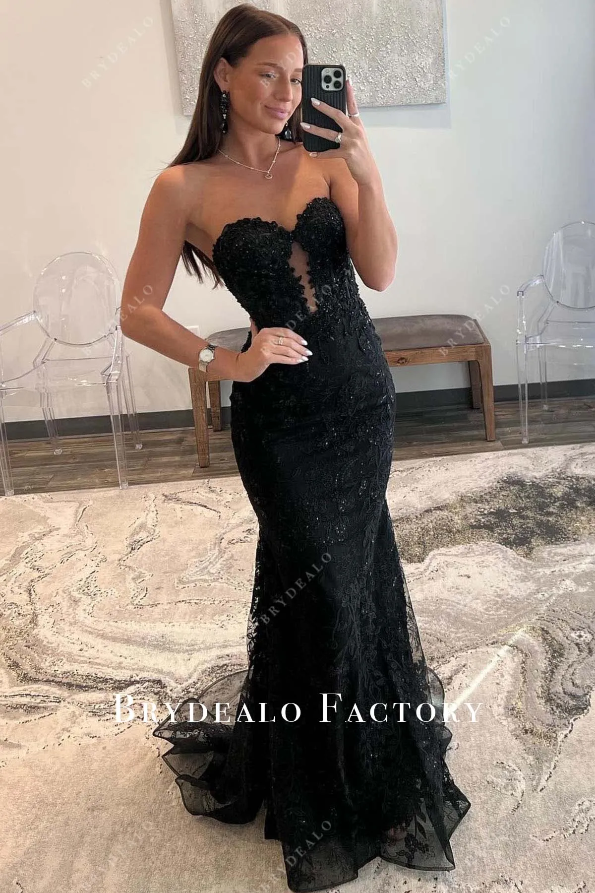 Black Lace Sequined Strapless Mermaid Prom Dress