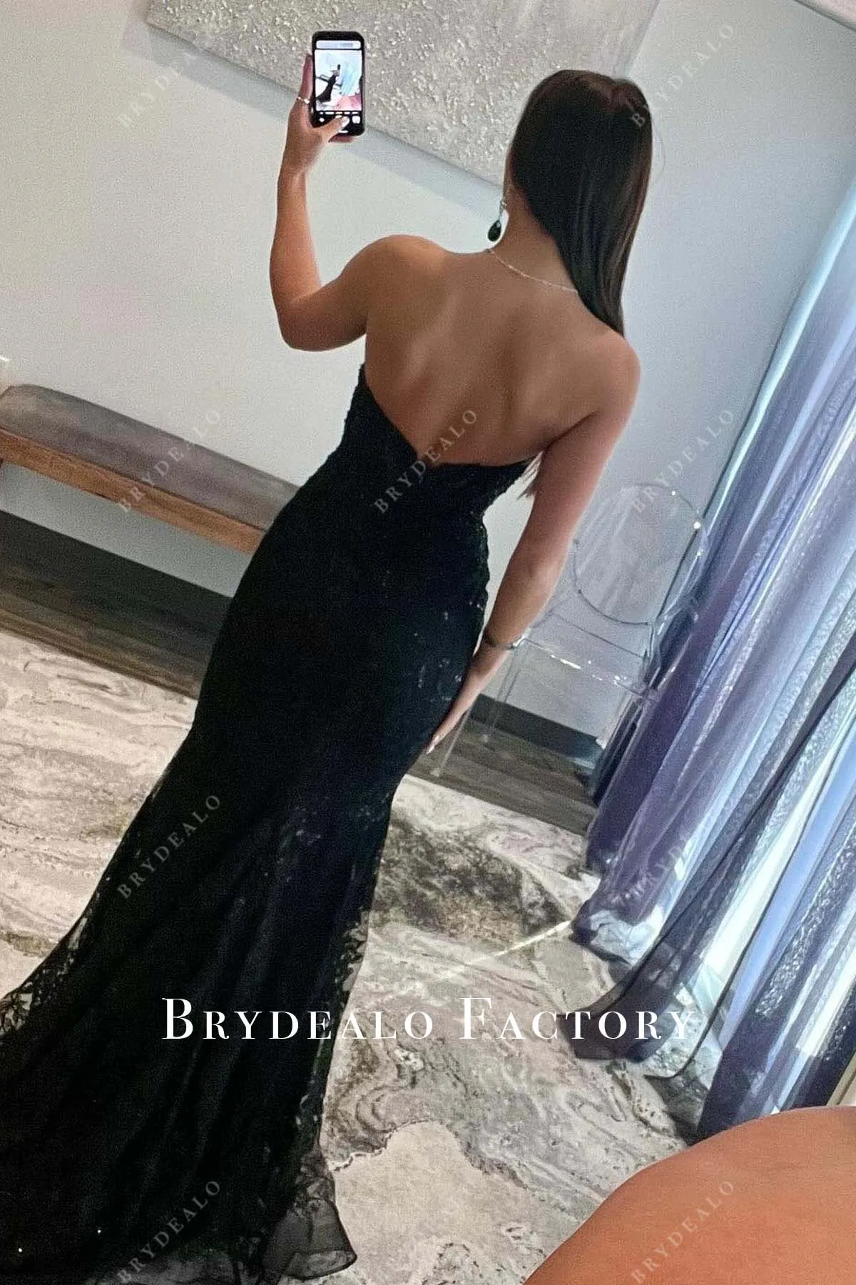 Black Lace Sequined Strapless Mermaid Prom Dress