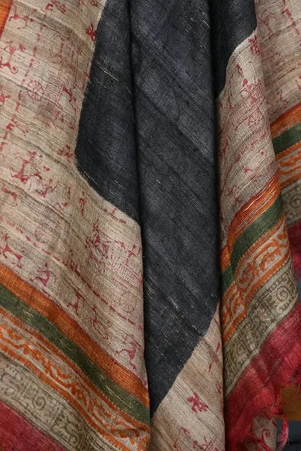 Black-red hand painted tussar silk dupatta