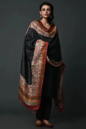 Black-red hand painted tussar silk dupatta