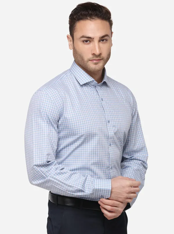 Blue & Grey Checked Regular Fit Formal Shirt | JadeBlue