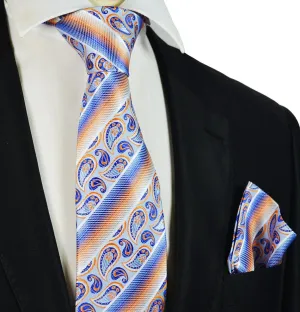 Blue and Orange Striped Silk Tie and Pocket Square