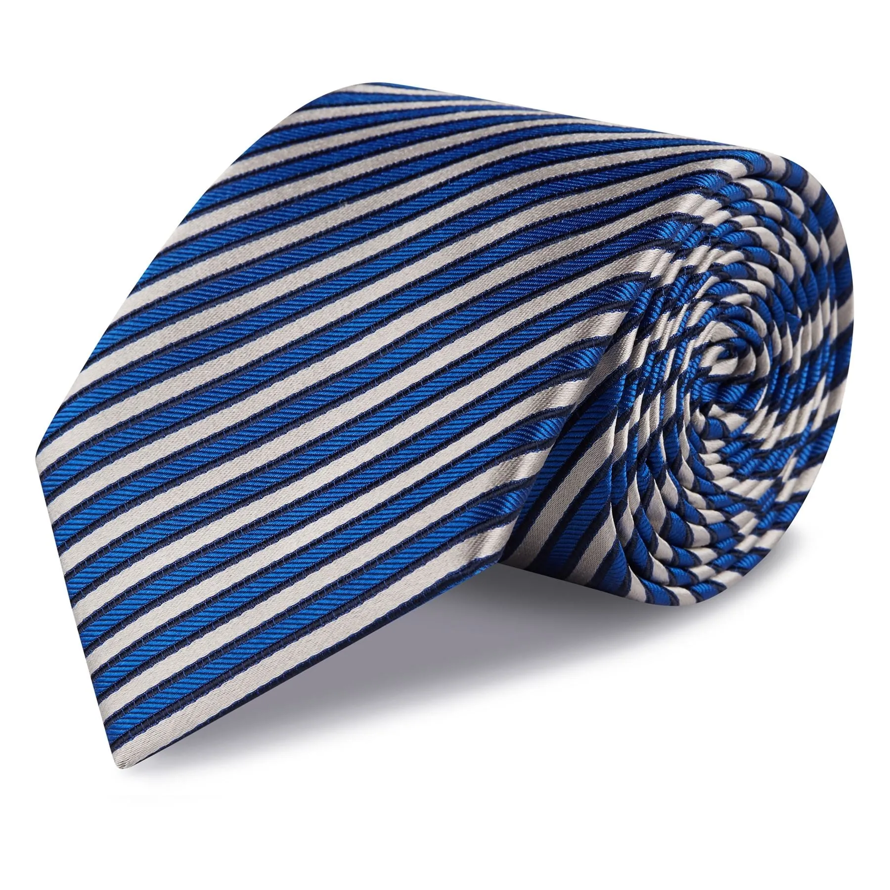 Blue and White Striped Luxury Woven Silk Tie