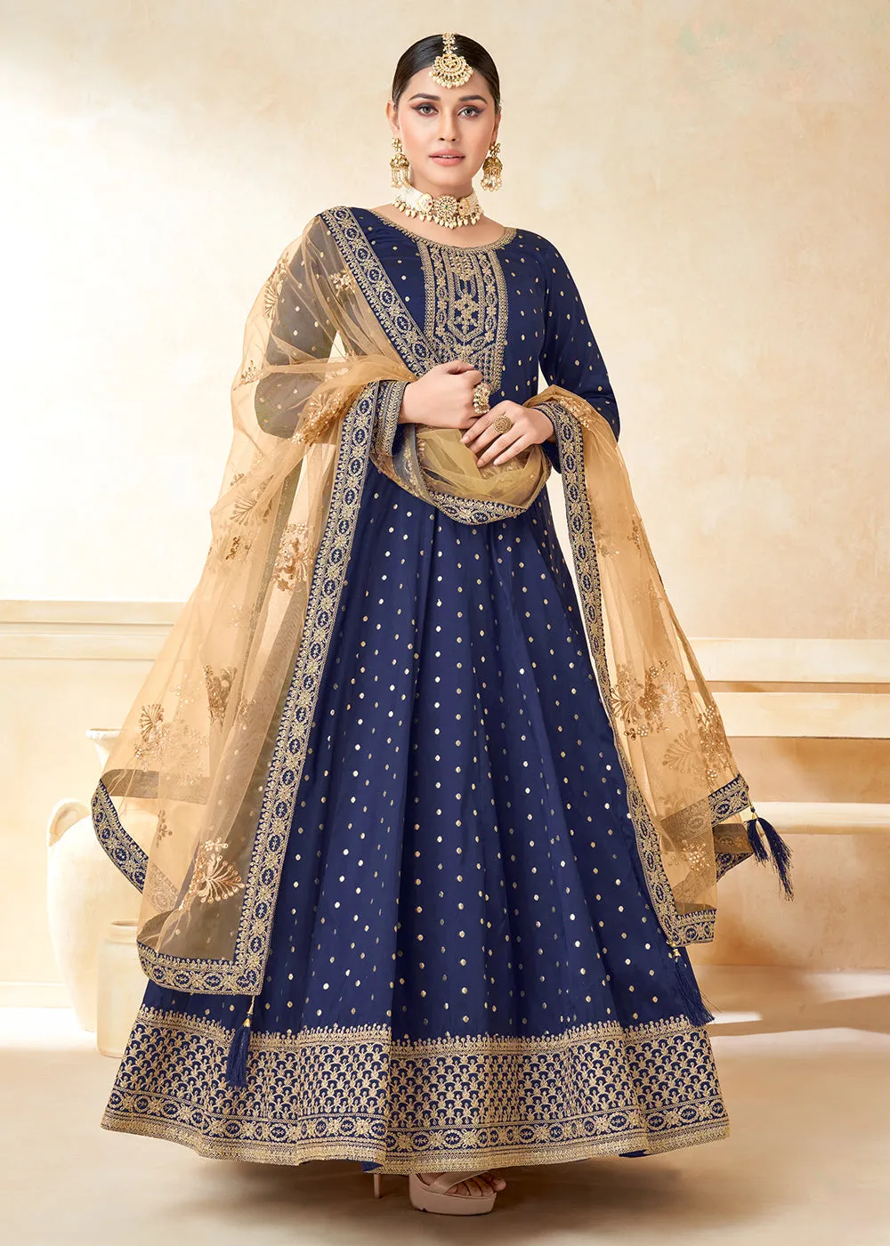 Blue Silk Embroidered Indian Ethnic Wear Anarkali Dress