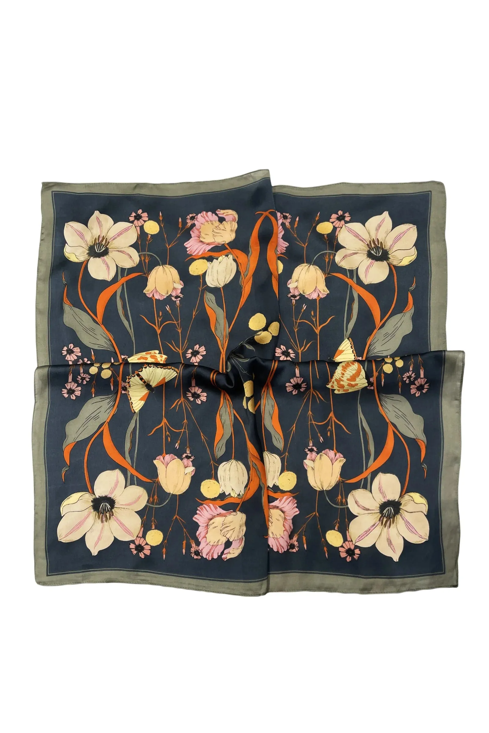 Botanical Butterfly Print Square Scarf - Navy