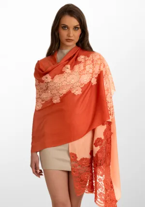 Brick Ombre Wool and Silk Scarf with Dual-Colored Brick Ombre Floral Lace Application