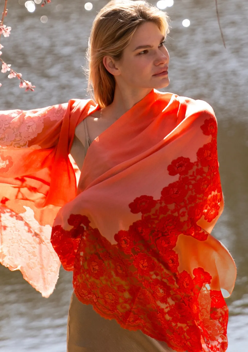 Brick Ombre Wool and Silk Scarf with Dual-Colored Brick Ombre Floral Lace Application