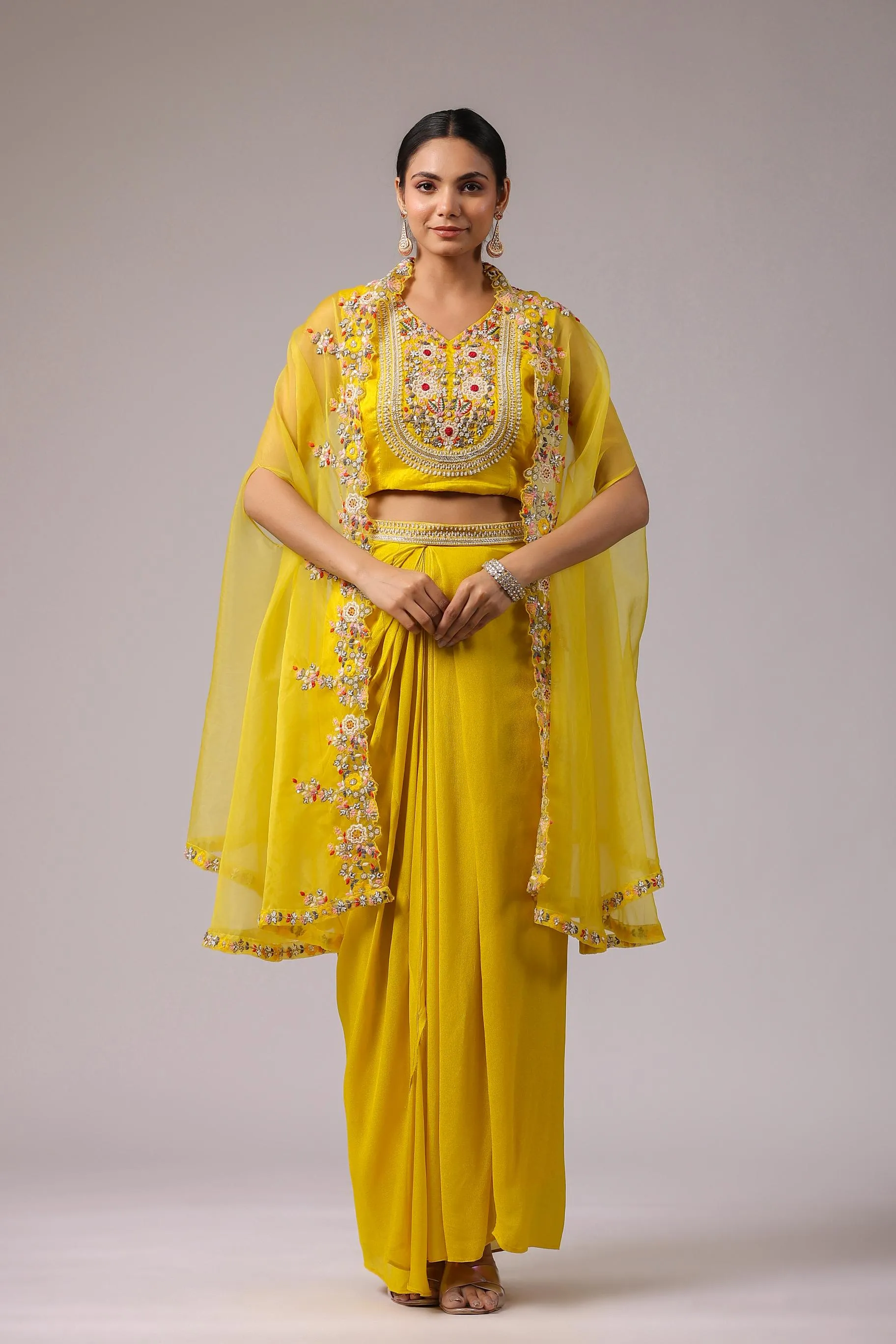 Bright Yellow Embroidered Premium Organza Silk Cape Set