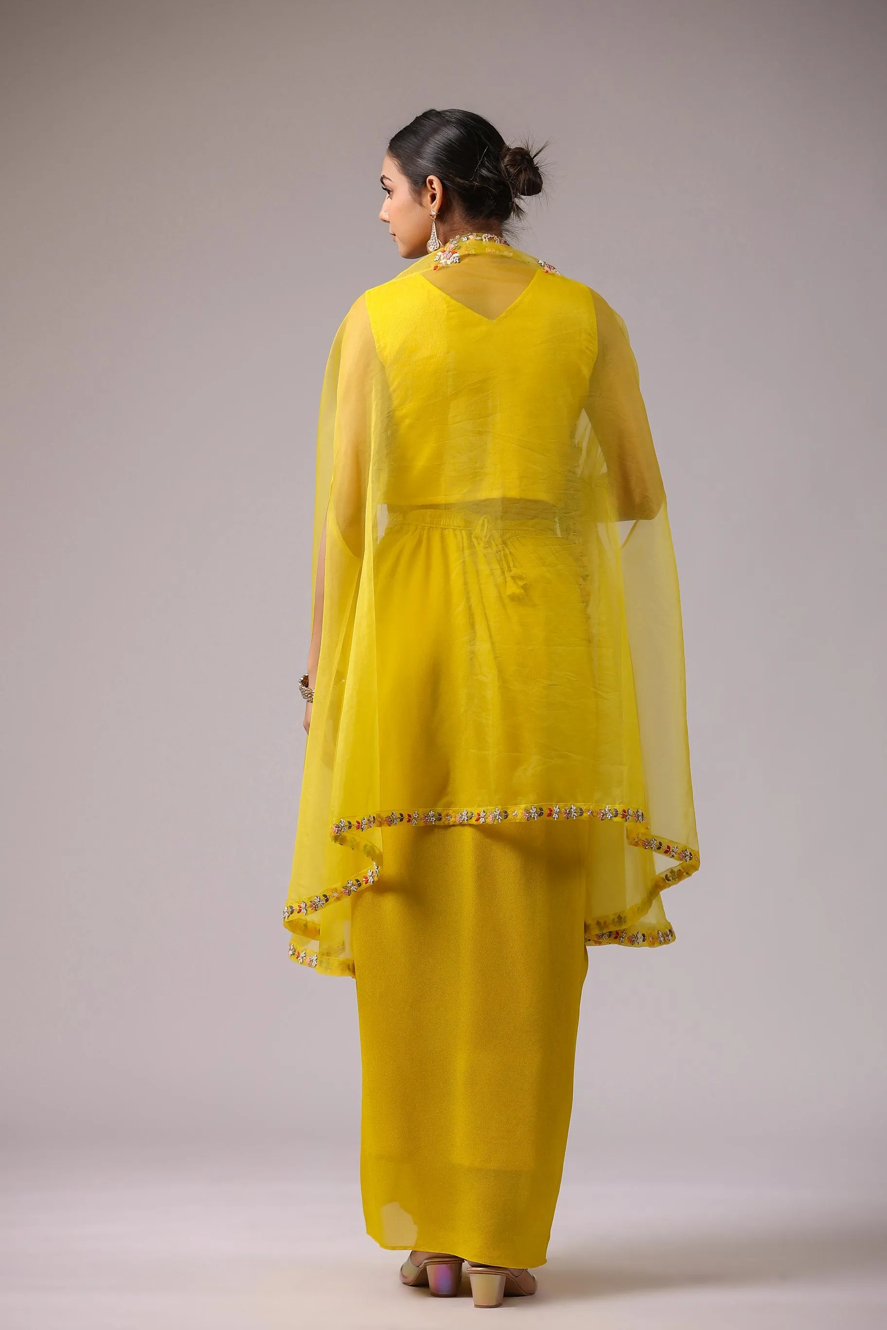 Bright Yellow Embroidered Premium Organza Silk Cape Set