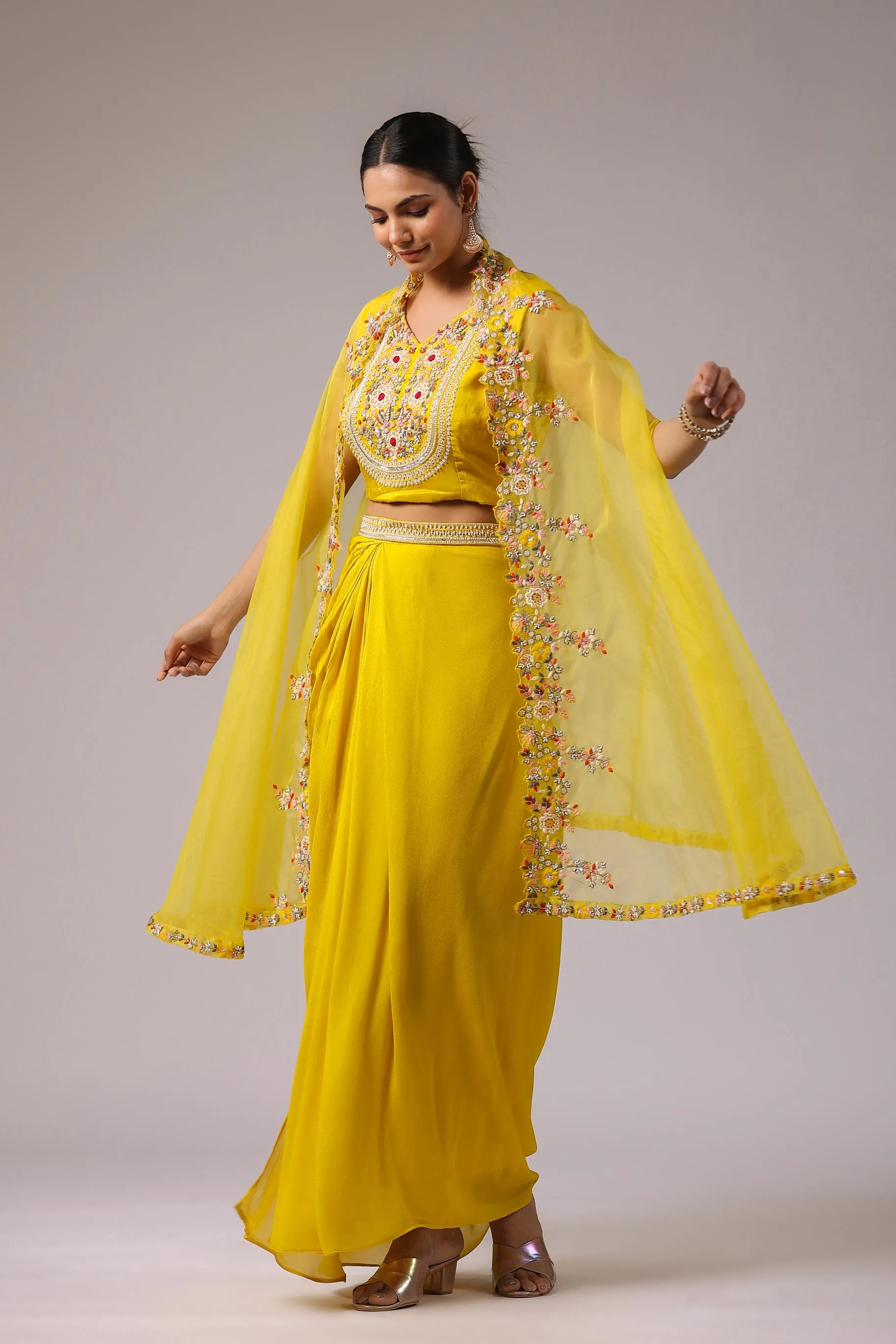 Bright Yellow Embroidered Premium Organza Silk Cape Set