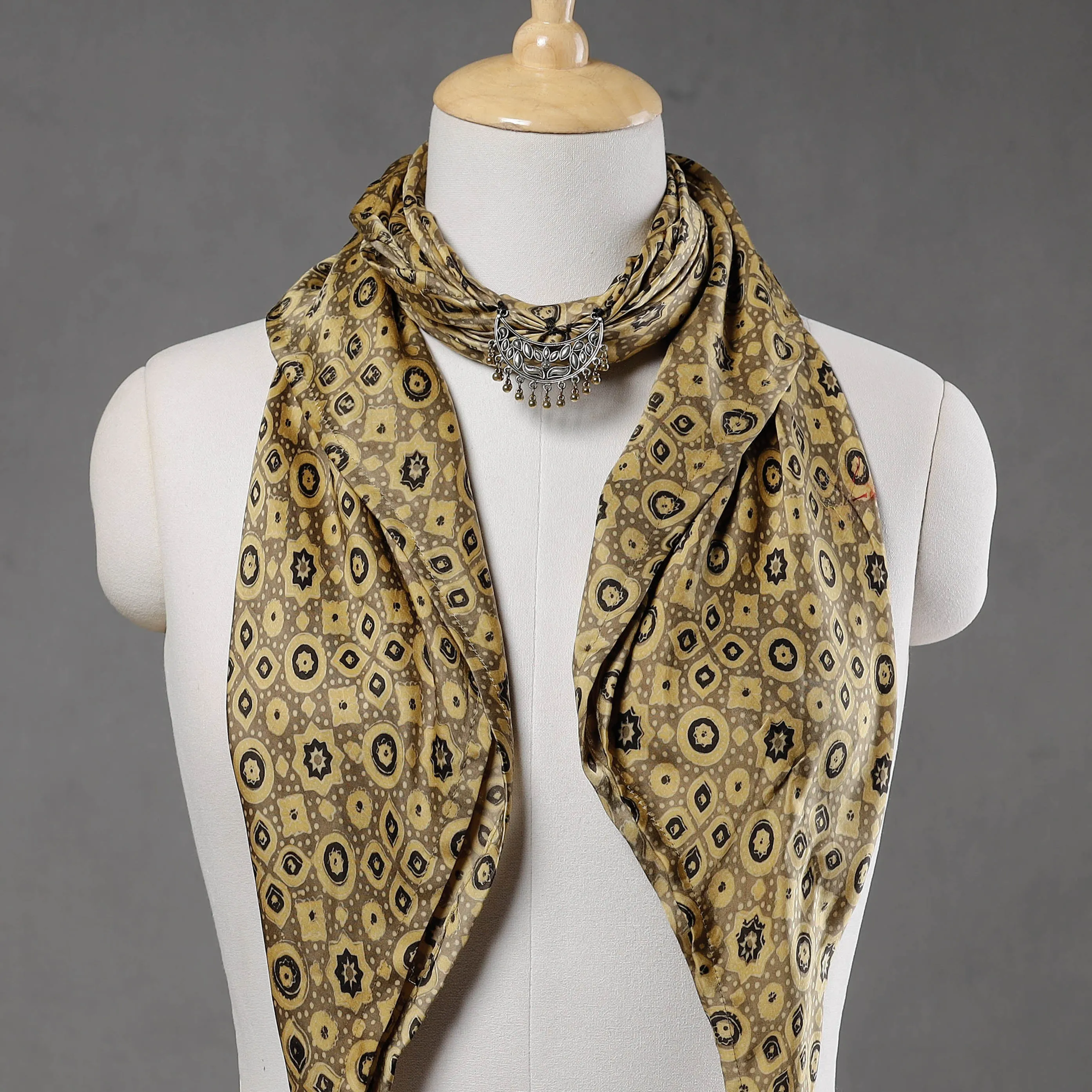 Brown - Modal Silk Ajrakh Block Printing Pendant Necklace Scarf