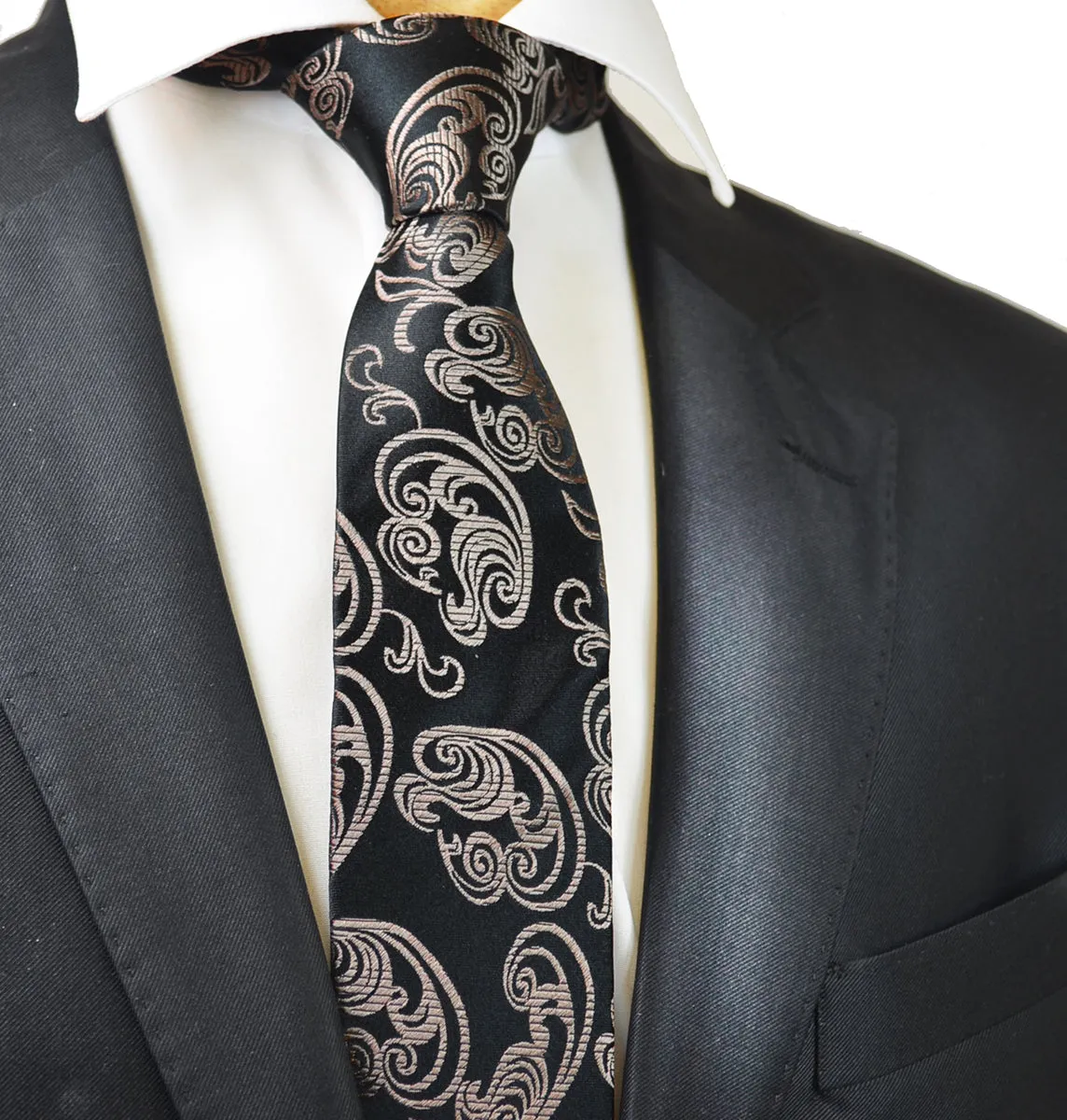 Brown on Black Paisley Silk Necktie by Paul Malone