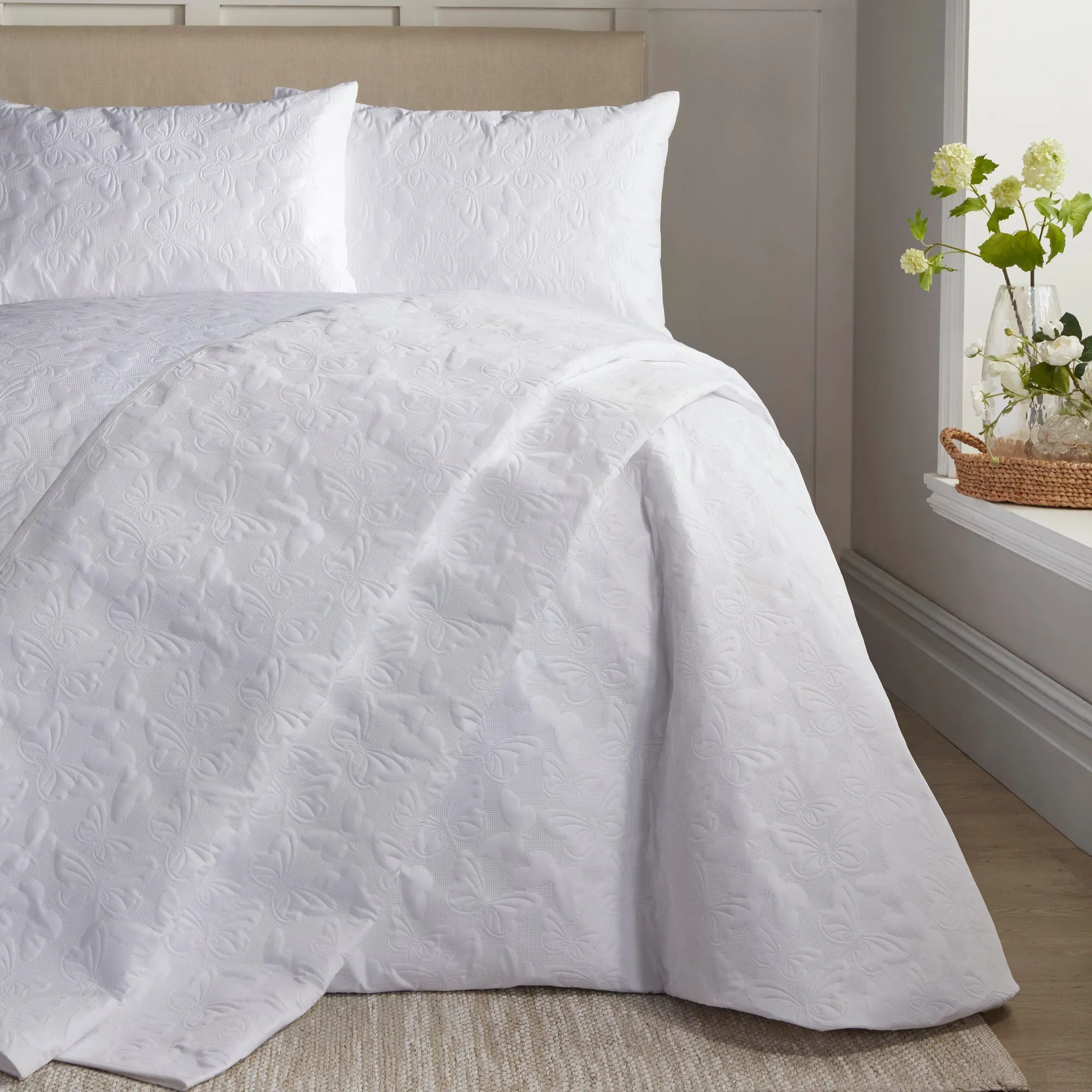 Butterfly Garden Bedspread by Serene in White 200cm X 230cm