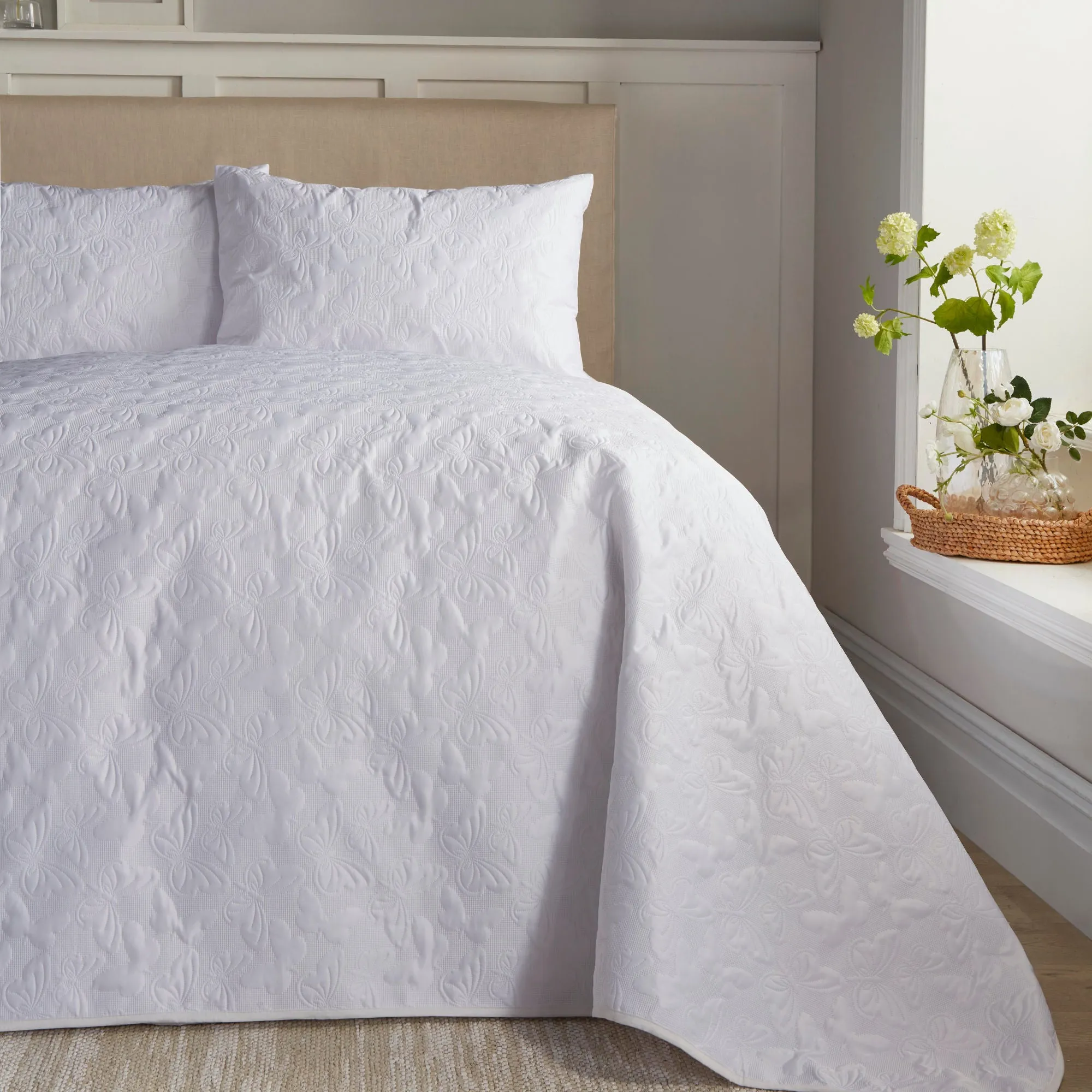 Butterfly Garden Bedspread by Serene in White 200cm X 230cm