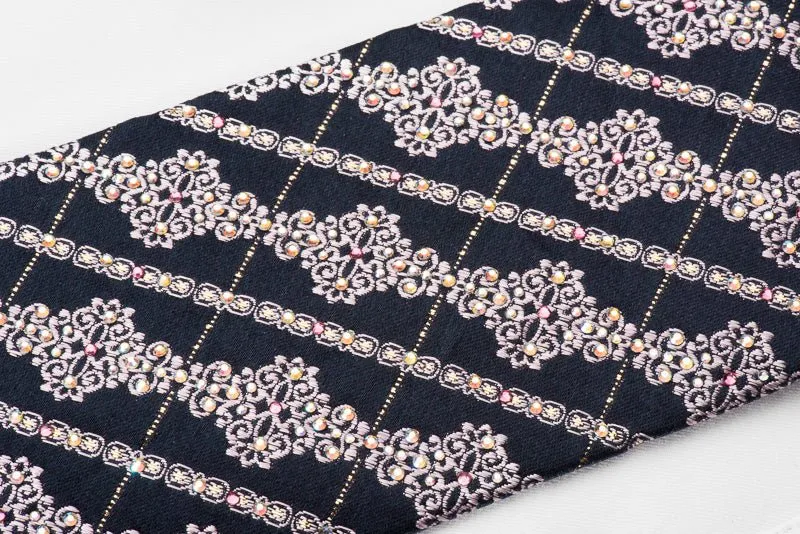 Cabrini Rhinestone Silk Necktie Cartouche Stripes On Navy With Gold Sparkles