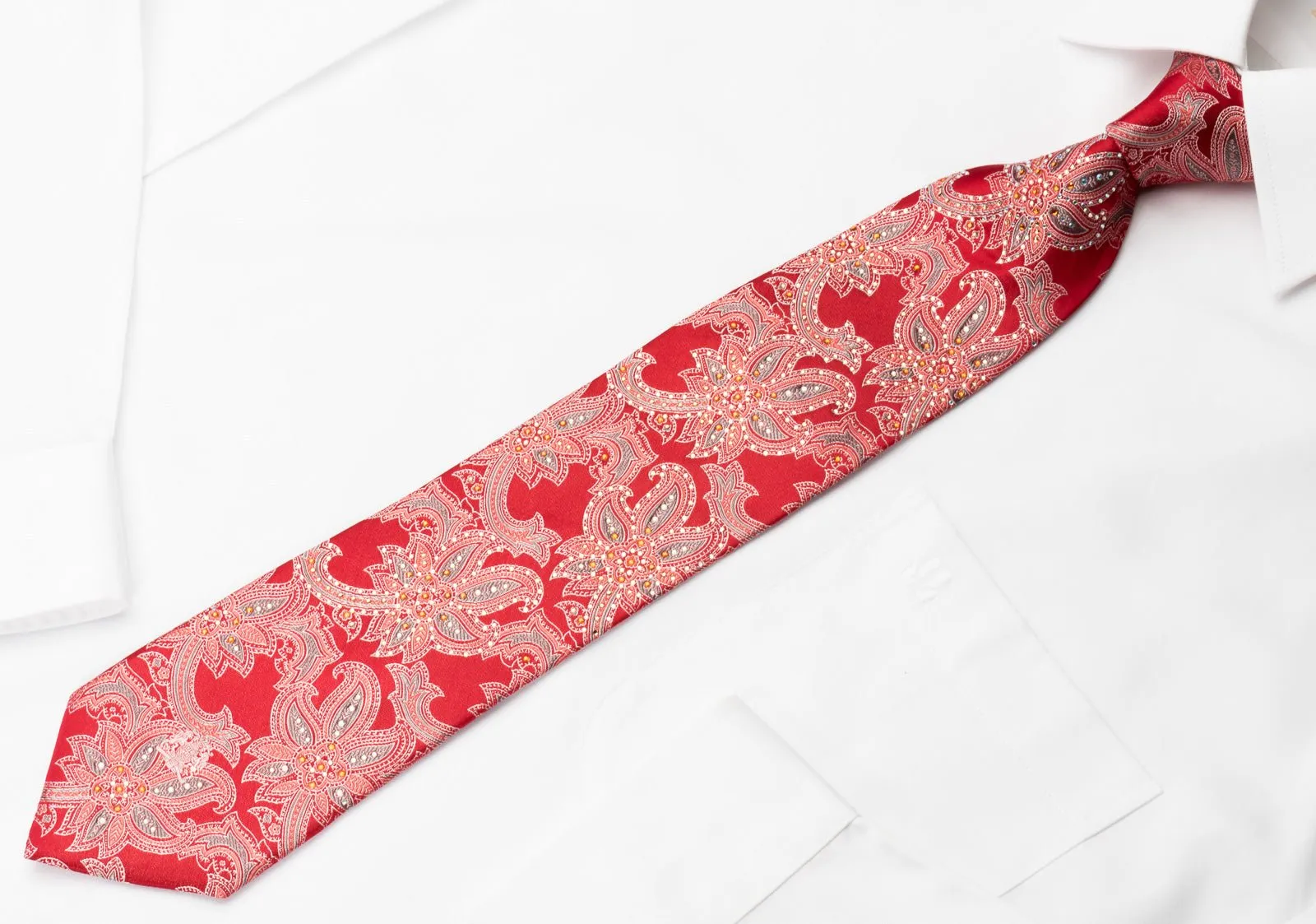 Cabrini Silk Necktie Floral On Red With Sparkling Rhinestones