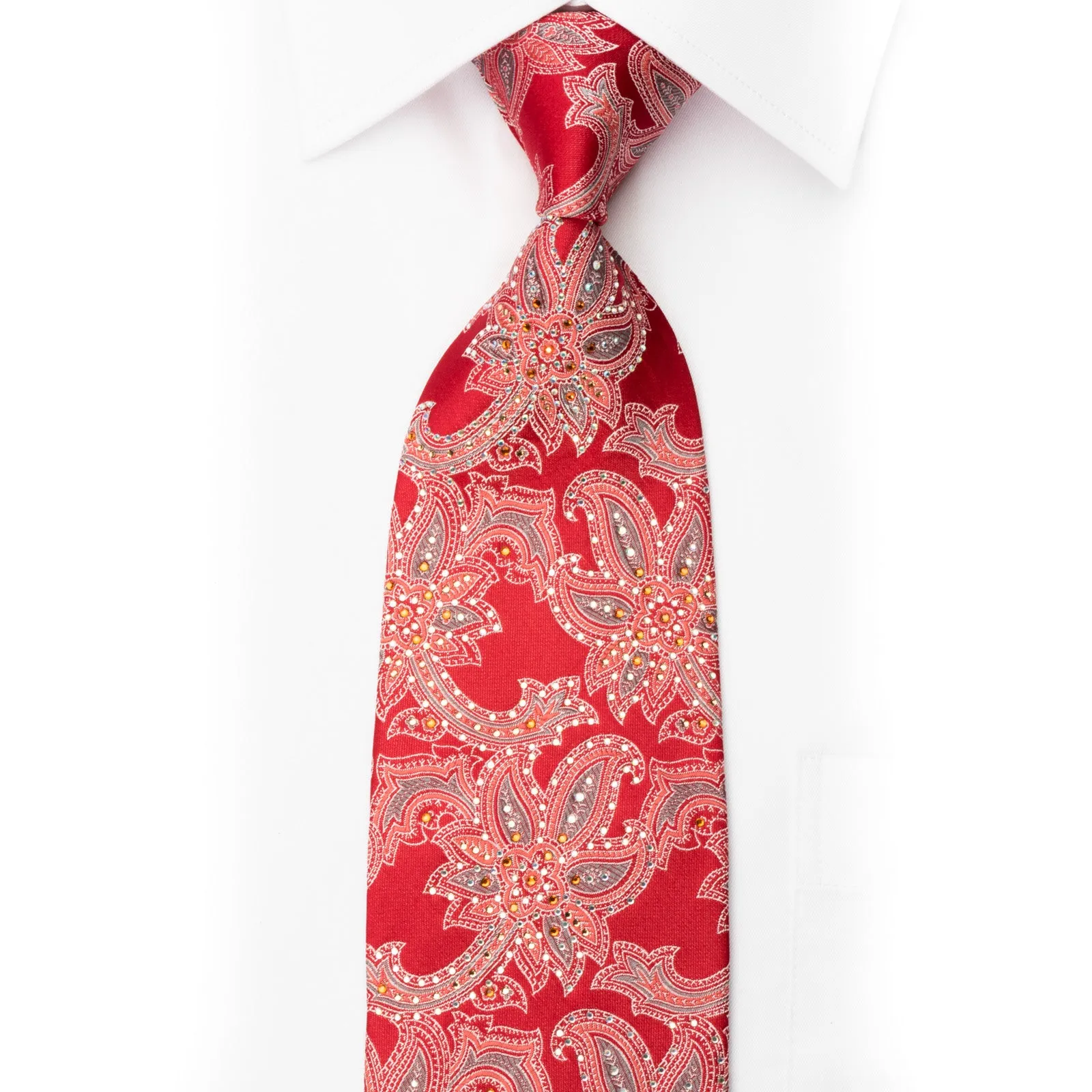 Cabrini Silk Necktie Floral On Red With Sparkling Rhinestones