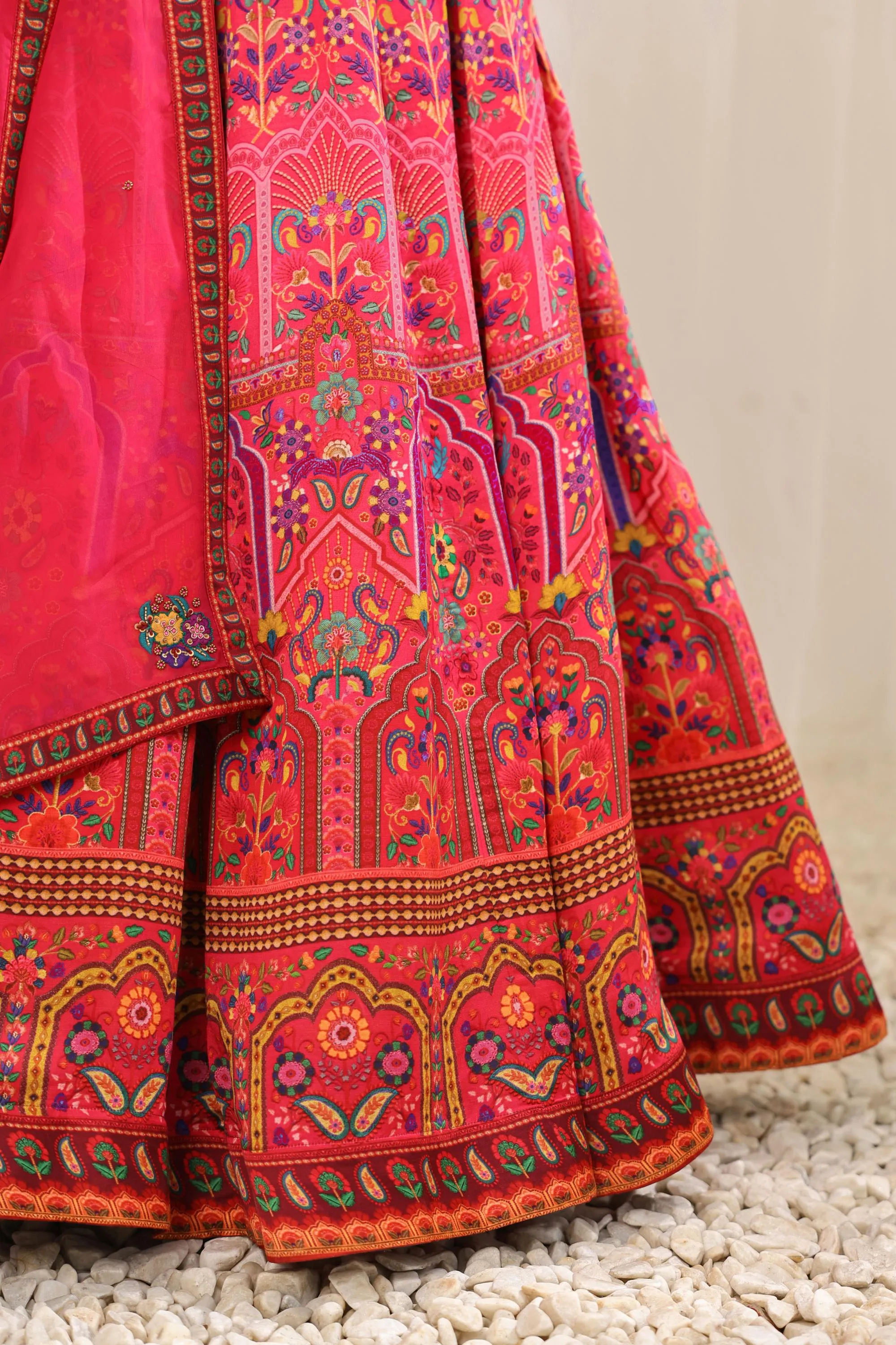 Cerise Pink Traditional Printed Premium Silk Lehenga Set