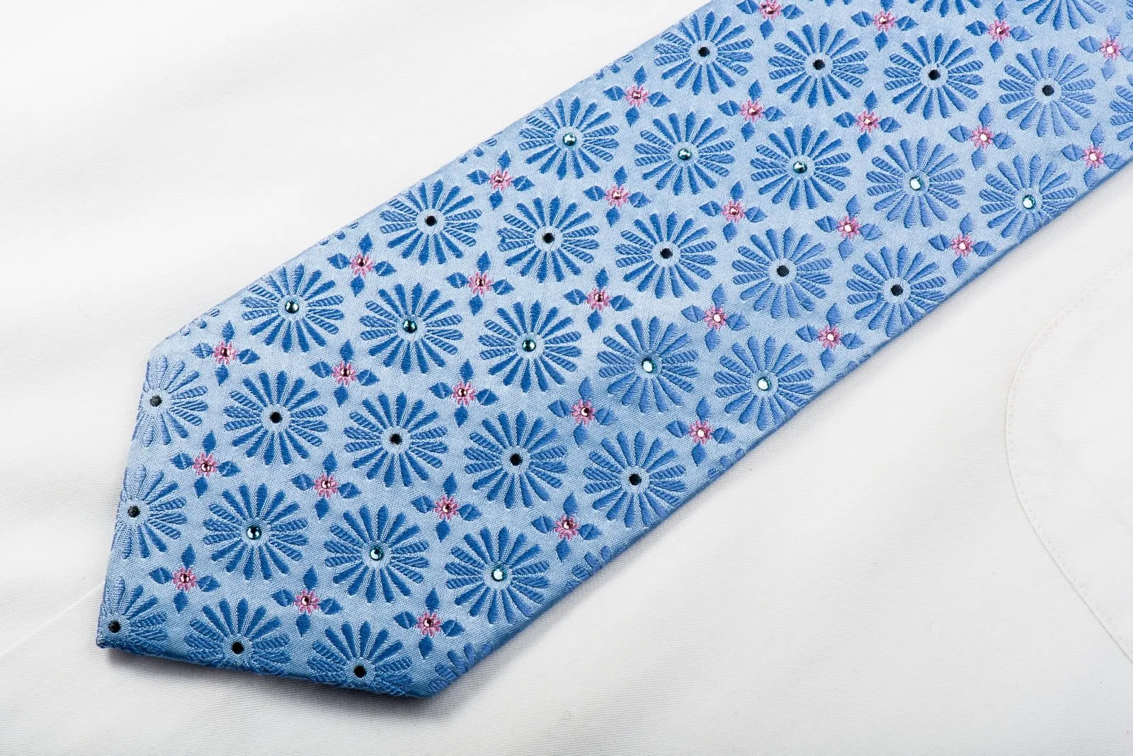 Charles Jourdan Mens Rhinestone Silk Necktie Floral On Blue